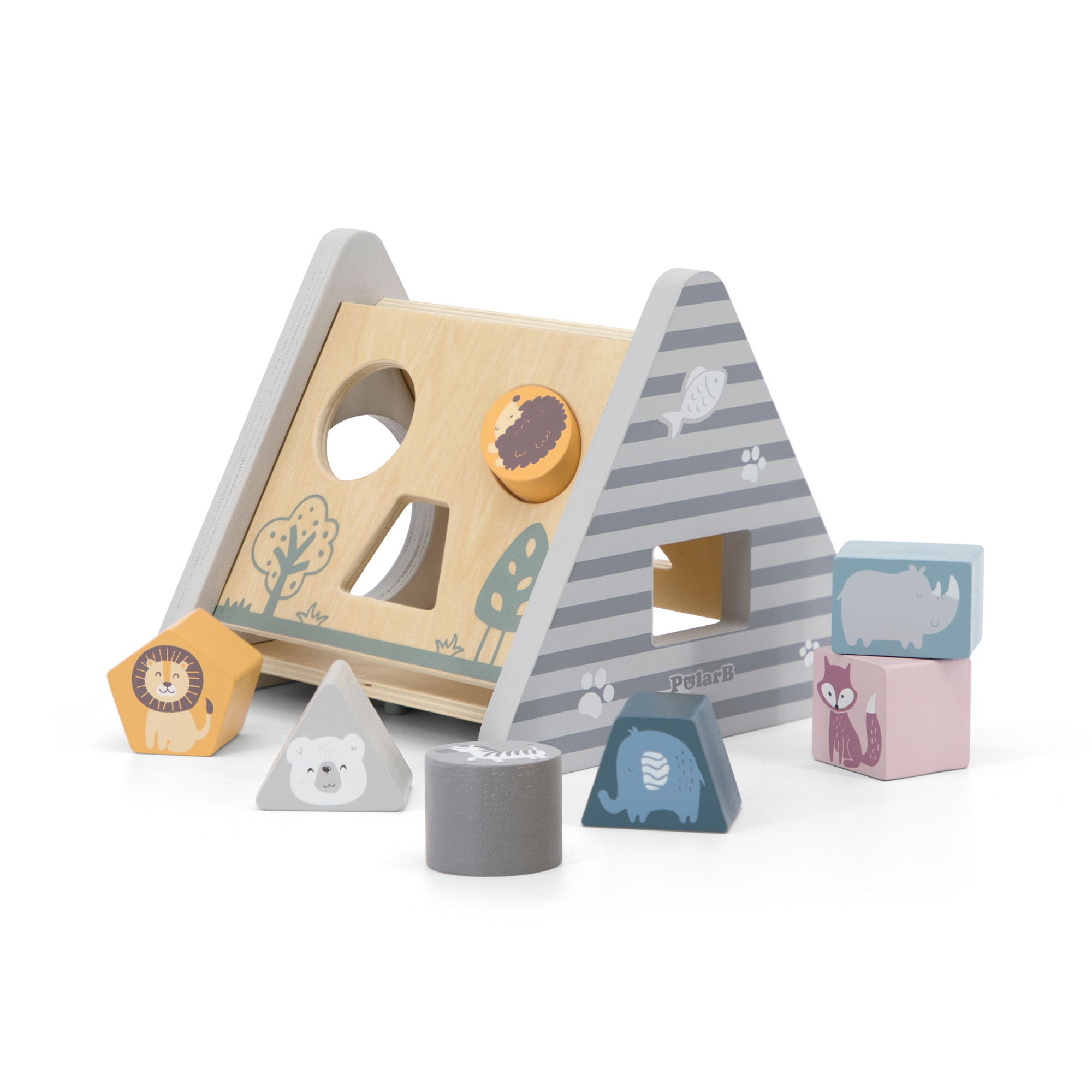 صندوق أنشطة فرز الأشكال الخشبية من PolarB للأطفال الصغار، صندوق مثلث الشكل بخمسة جوانب مع 7 أشكال هندسية وتروس دوارة، لعبة تعليمية للتعرف على الأشكال والمهارات الحركية الدقيقة