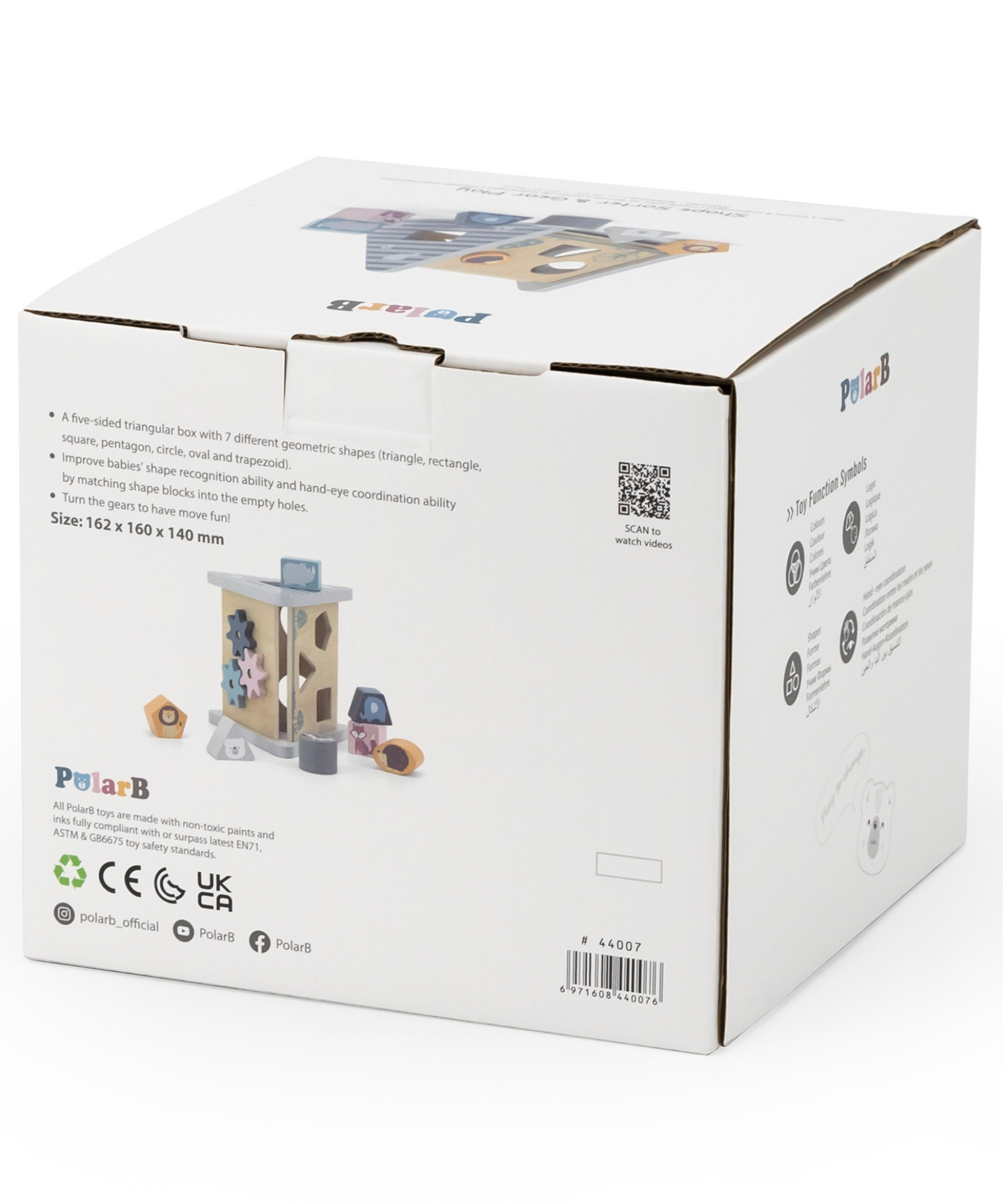 صندوق أنشطة فرز الأشكال الخشبية من PolarB للأطفال الصغار، صندوق مثلث الشكل بخمسة جوانب مع 7 أشكال هندسية وتروس دوارة، لعبة تعليمية للتعرف على الأشكال والمهارات الحركية الدقيقة