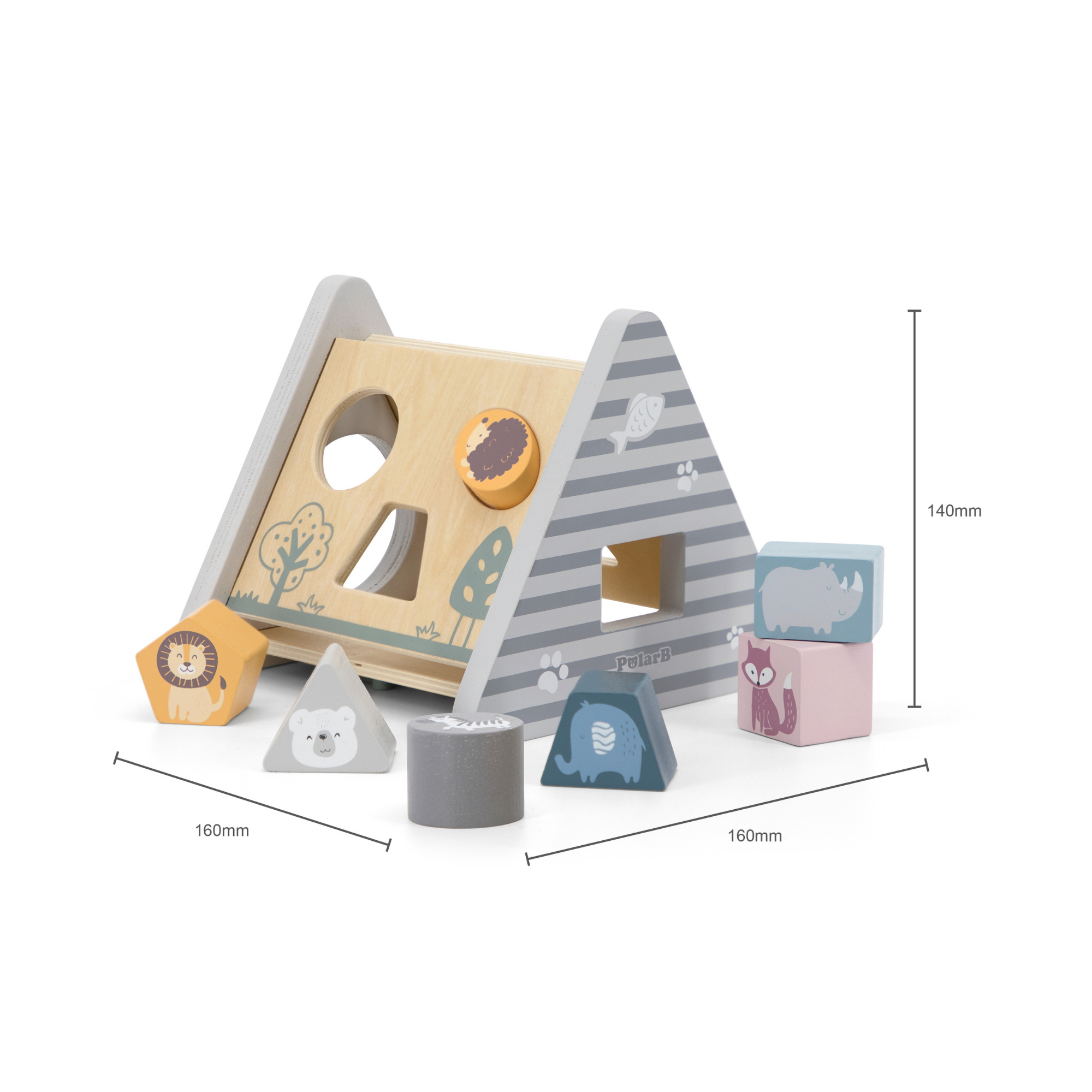 صندوق أنشطة فرز الأشكال الخشبية من PolarB للأطفال الصغار، صندوق مثلث الشكل بخمسة جوانب مع 7 أشكال هندسية وتروس دوارة، لعبة تعليمية للتعرف على الأشكال والمهارات الحركية الدقيقة