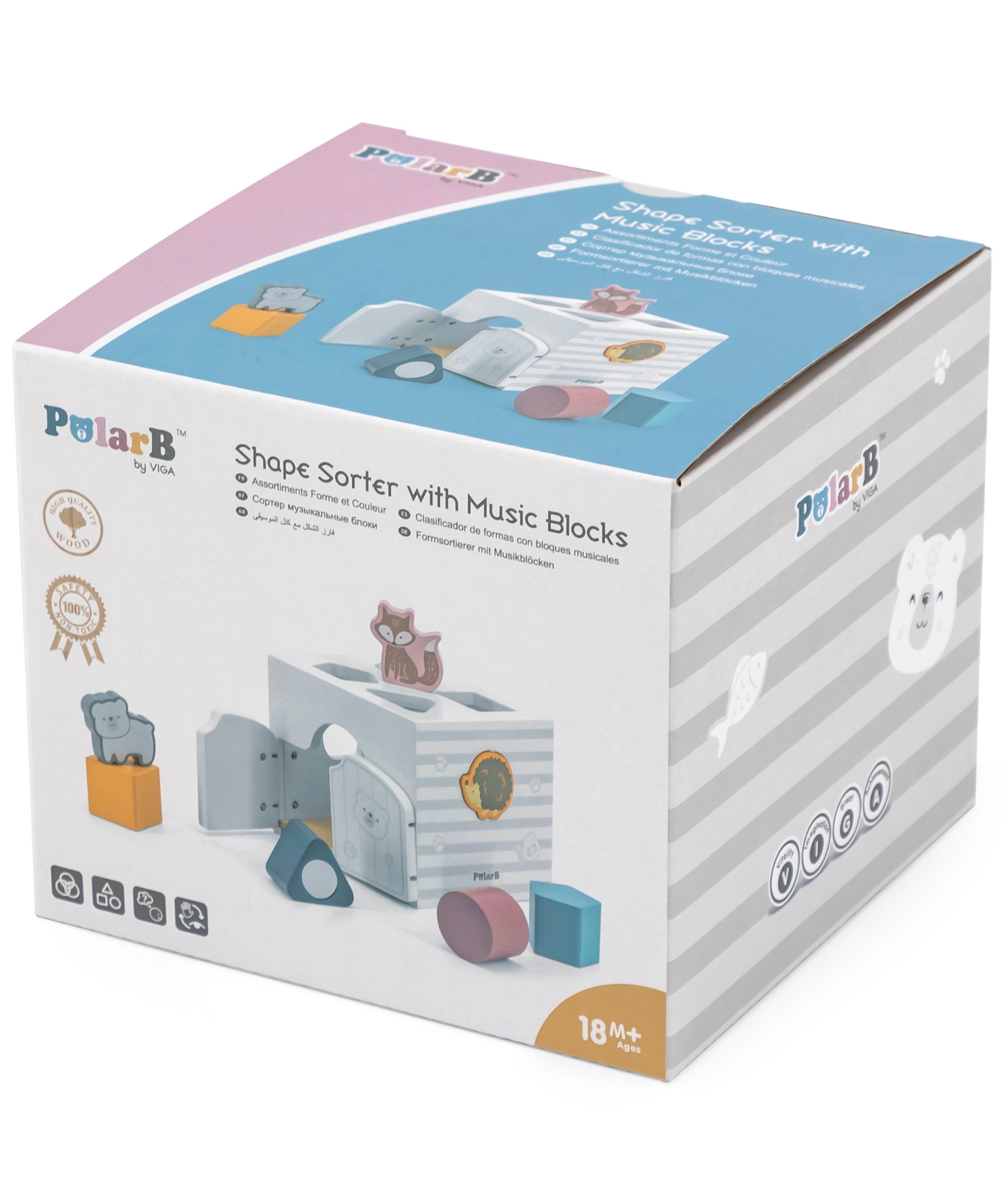 لعبة فرز الأشكال PolarB مع مكعبات موسيقية، 7 قطع خشبية تتضمن أشكال حيوانات ومرآة ومكعبات صوتية، لعبة تعليمية للأطفال الصغار من عمر 18 شهرًا فما فوق