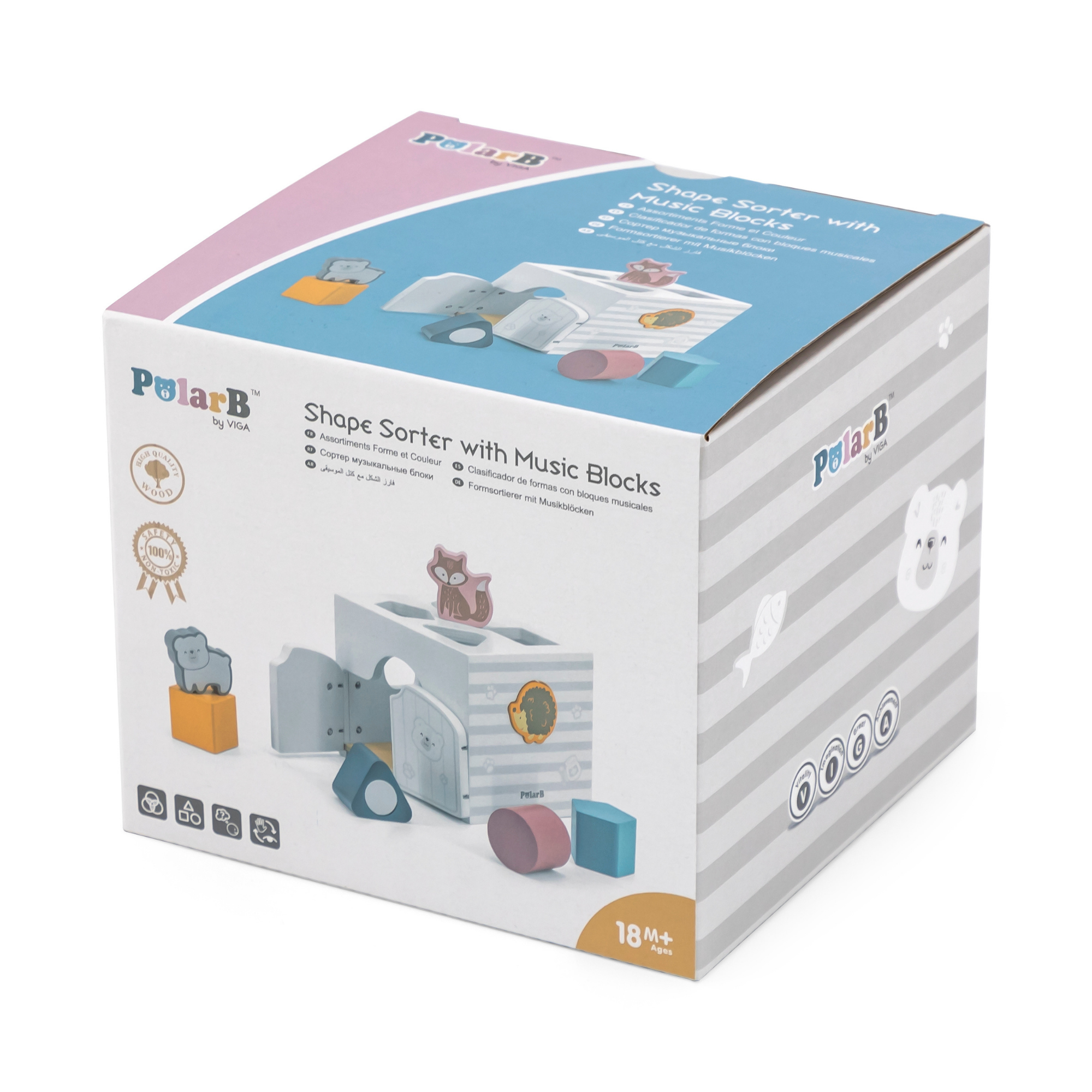 لعبة فرز الأشكال PolarB مع مكعبات موسيقية، 7 قطع خشبية تتضمن أشكال حيوانات ومرآة ومكعبات صوتية، لعبة تعليمية للأطفال الصغار من عمر 18 شهرًا فما فوق