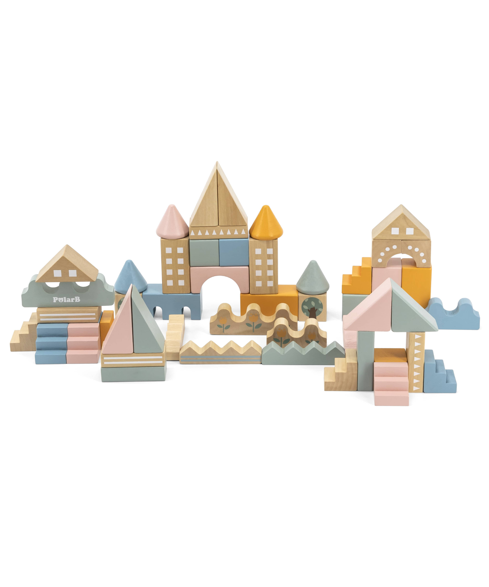مجموعة مكعبات بناء مدينة بولار بي للأطفال الصغار، لعبة بناء خشبية مكونة من 60 قطعة مع مركبات وملحقات، لعبة تعليمية وخيالية للأطفال من سن سنتين فما فوق