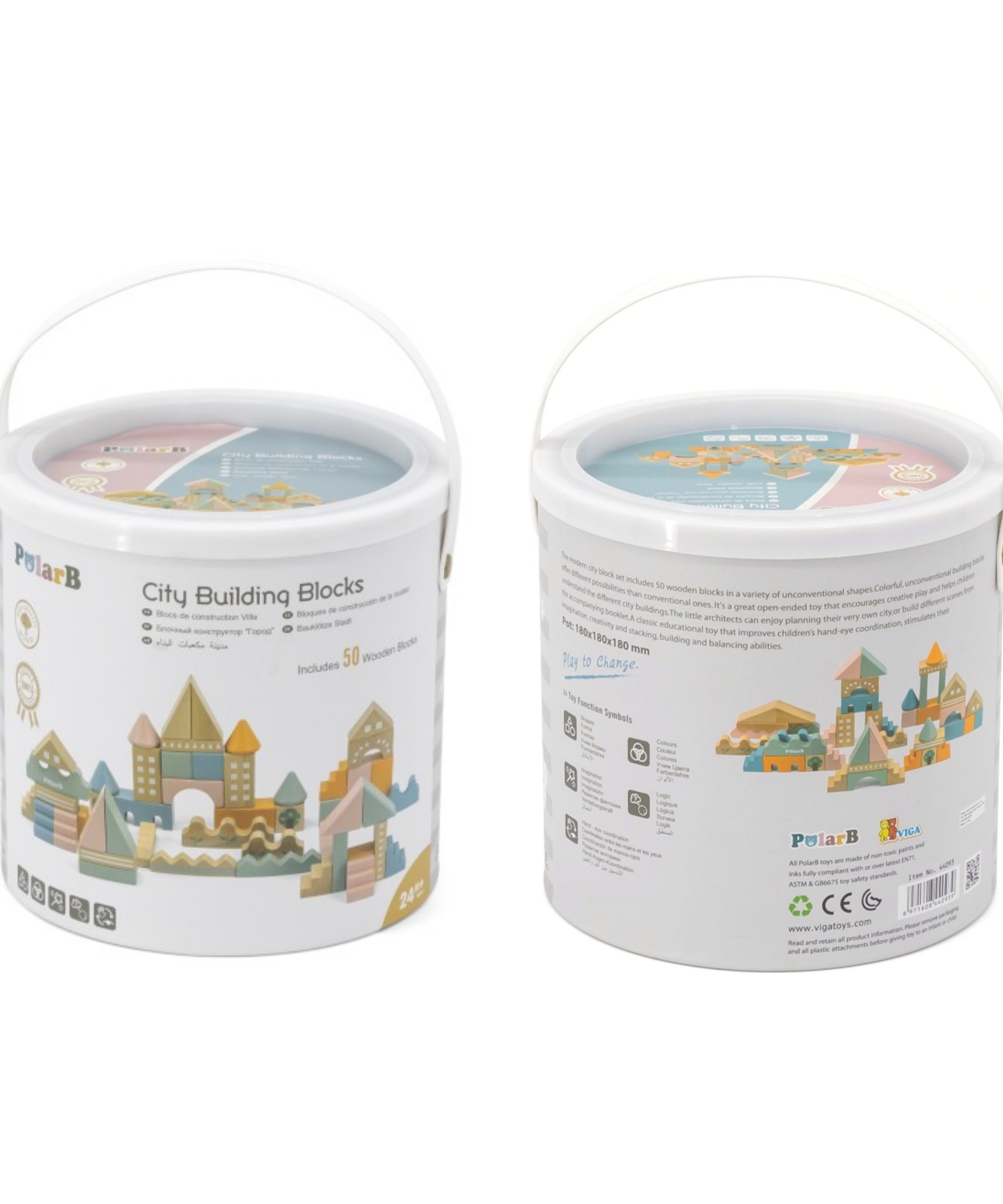 مجموعة مكعبات بناء مدينة بولار بي للأطفال الصغار، لعبة بناء خشبية مكونة من 60 قطعة مع مركبات وملحقات، لعبة تعليمية وخيالية للأطفال من سن سنتين فما فوق