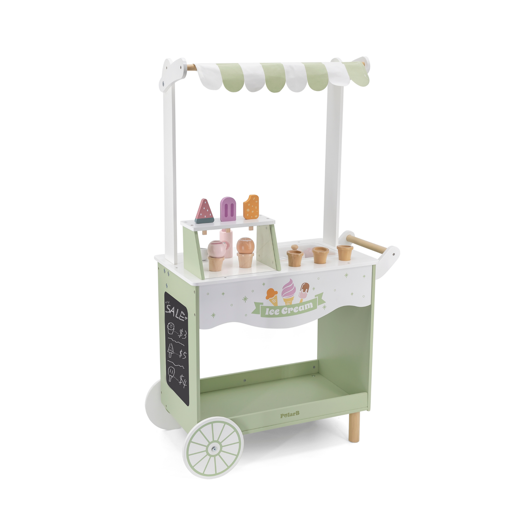 PolarB Wooden Ice Cream Cart, Large Pretend Play Trolley with