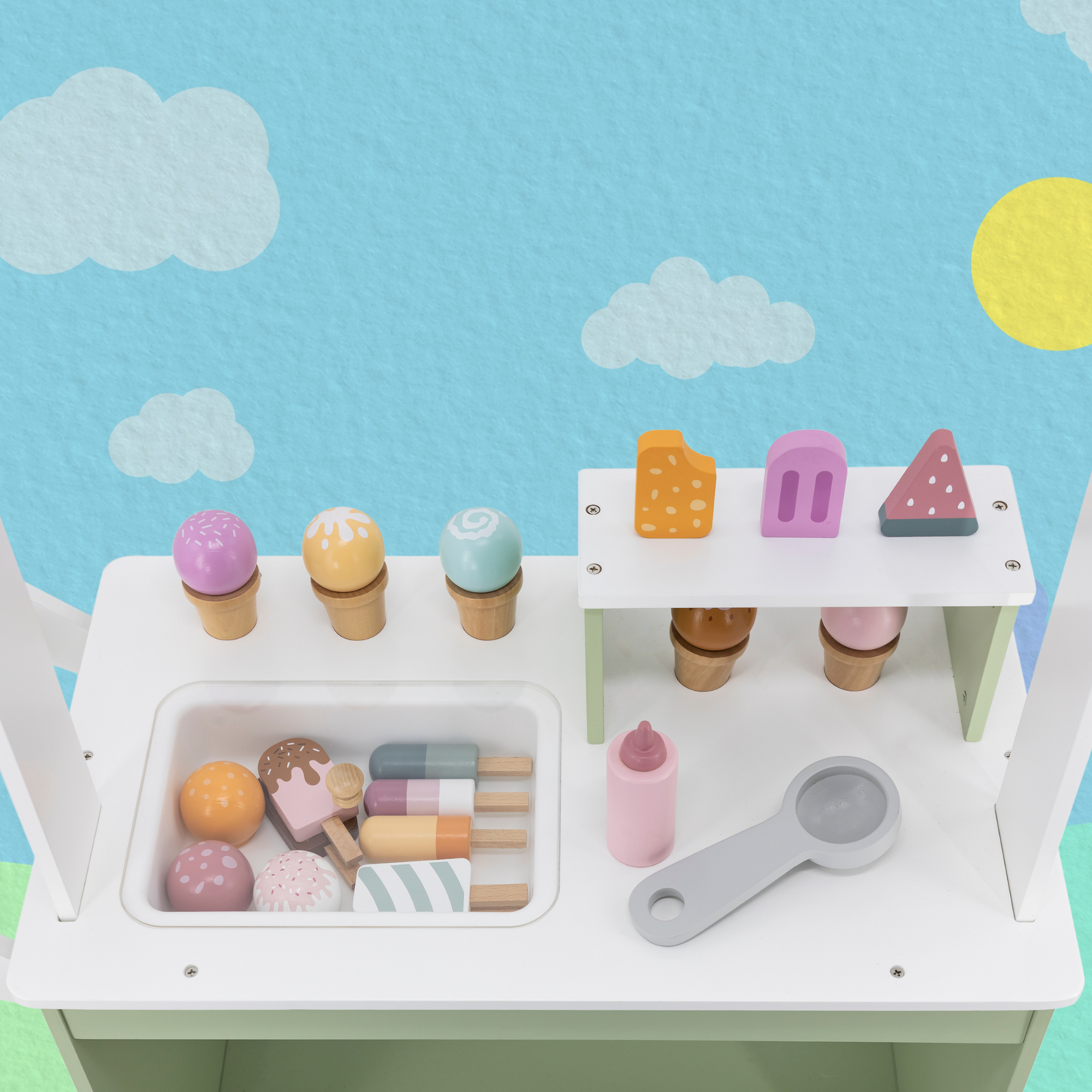 عربة الآيس كريم الخشبية PolarB، عربة لعب تظاهرية كبيرة مع مغرفة مغناطيسية وأقماع ومصاصات وسبورة، لعبة لعب الأدوار للأطفال من سن 3 سنوات فما فوق