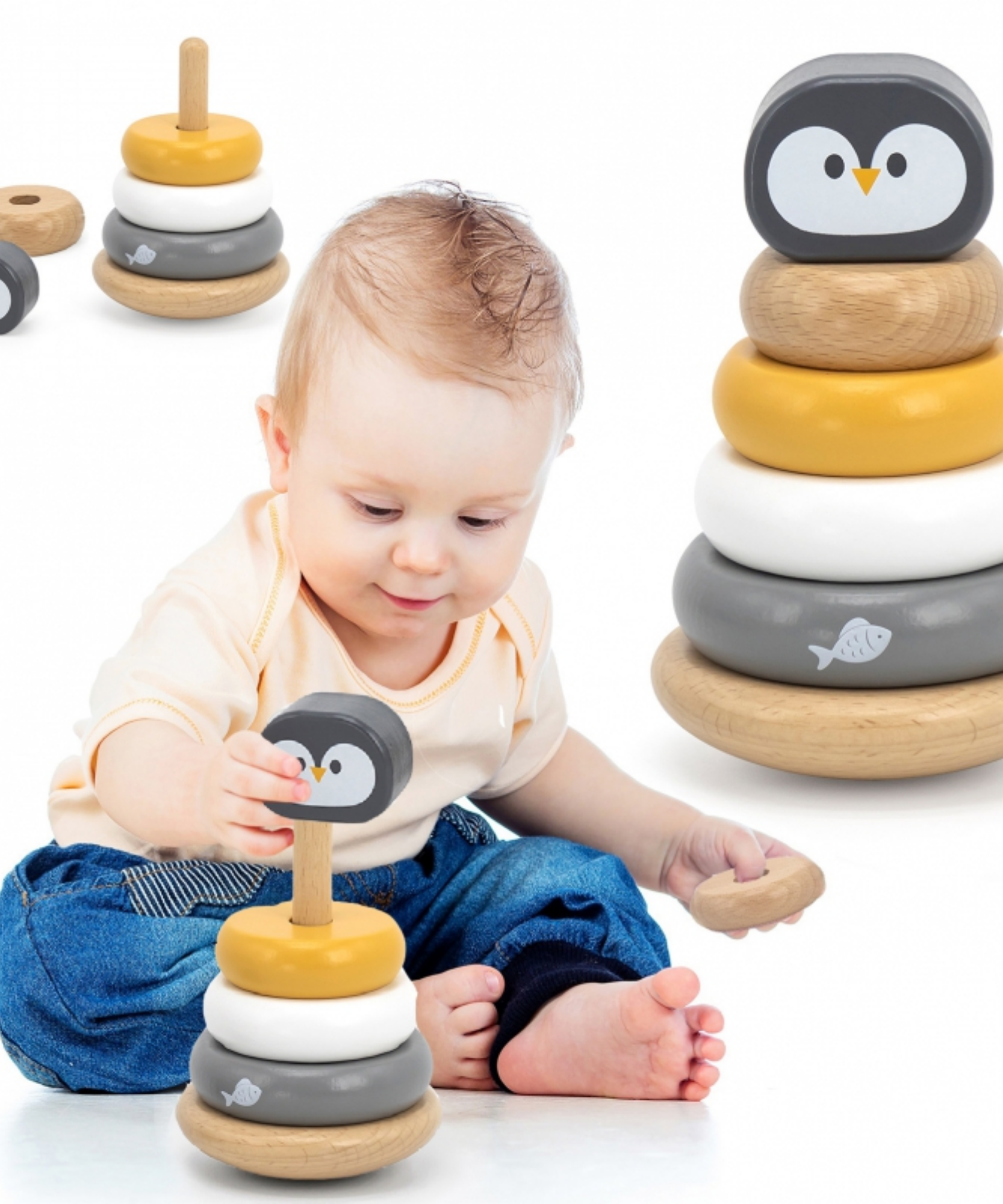 لعبة فرز وتكديس خشبية على شكل بطريق من PolarB مع قاعدة هزازة و4 حلقات للأطفال الصغار، من عمر 12 شهرًا فما فوق