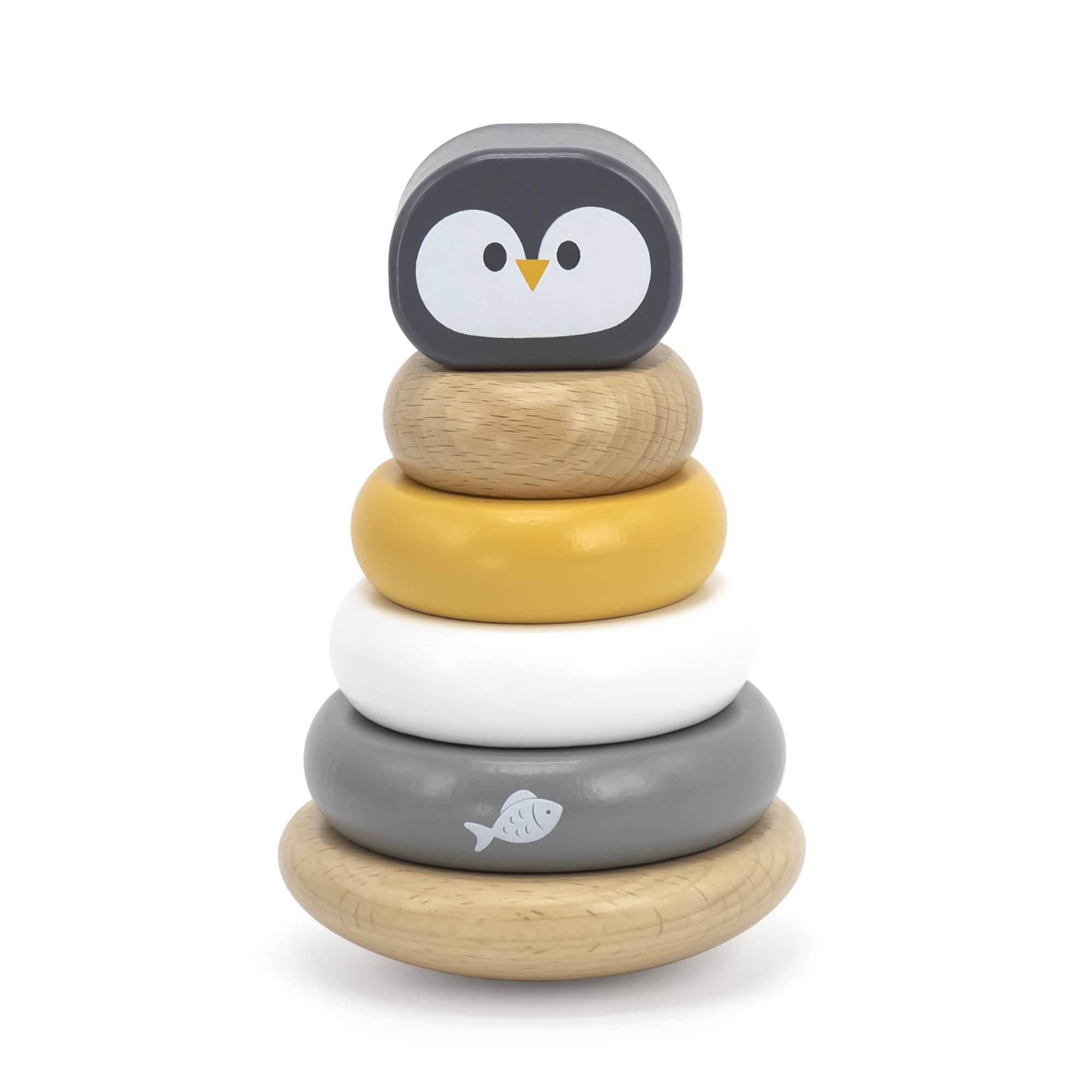 لعبة فرز وتكديس خشبية على شكل بطريق من PolarB مع قاعدة هزازة و4 حلقات للأطفال الصغار، من عمر 12 شهرًا فما فوق