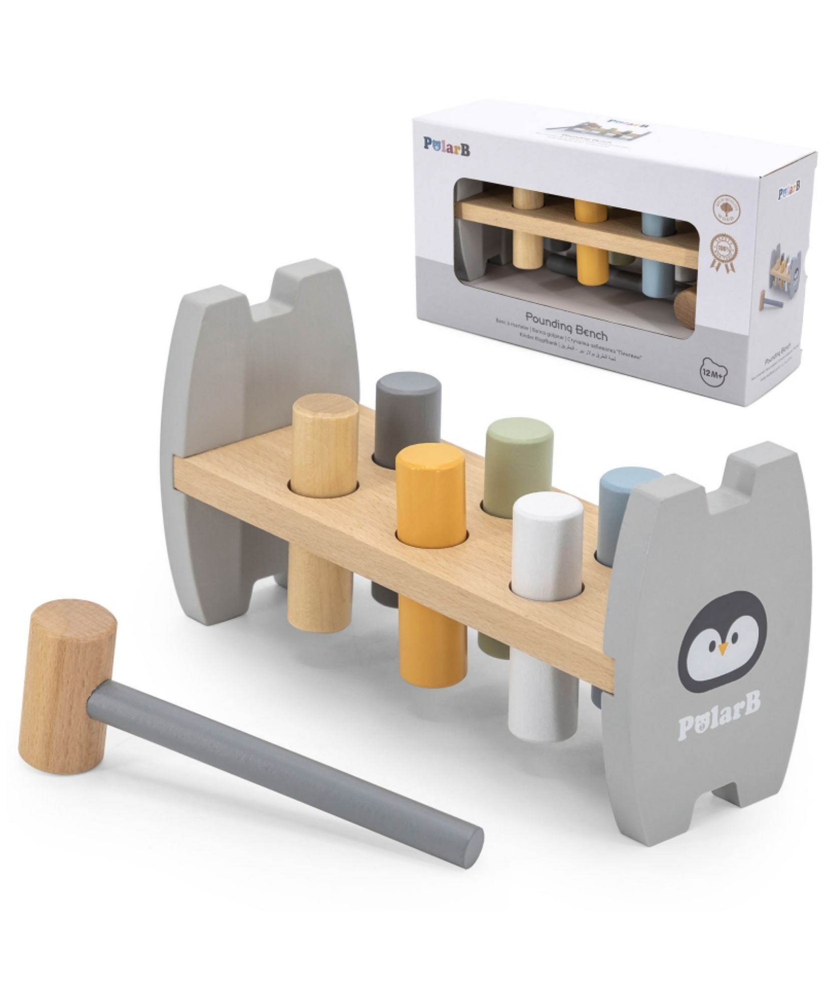 مجموعة PolarB الخشبية للتكديس والضرب بتصميم البطريق، تتضمن أداة تكديس البطريق ومقعد التكديس، لعبة تعليمية مستوحاة من مونتيسوري للأطفال الصغار من عمر سنة فما فوق