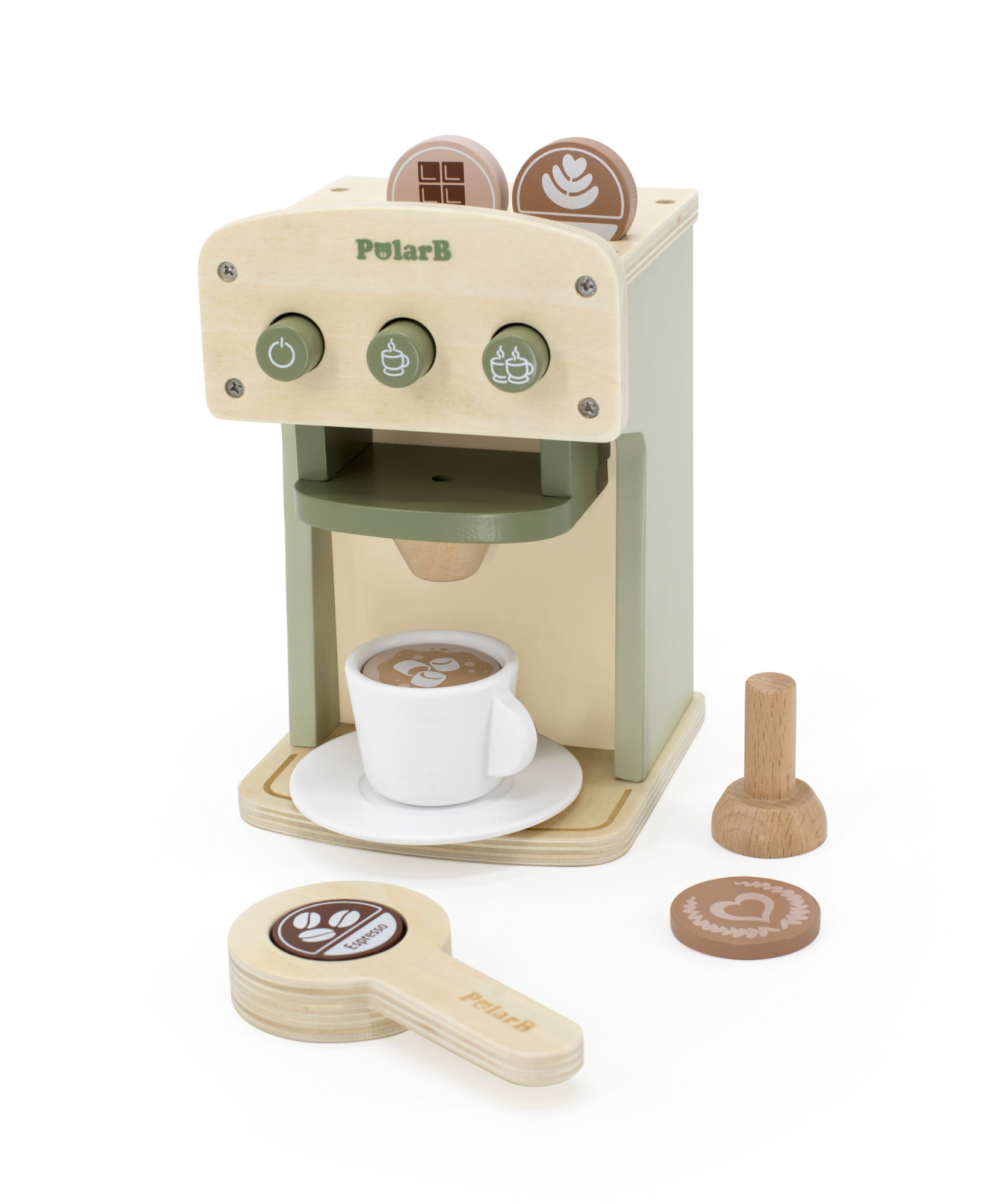 PolarB Wooden Coffee Machine Toy for Kids, Pretend Play Cafe Set with Cup, Saucer, Coffee Pods and Accessories, Role Play Barista Toy for Ages 3 and Up