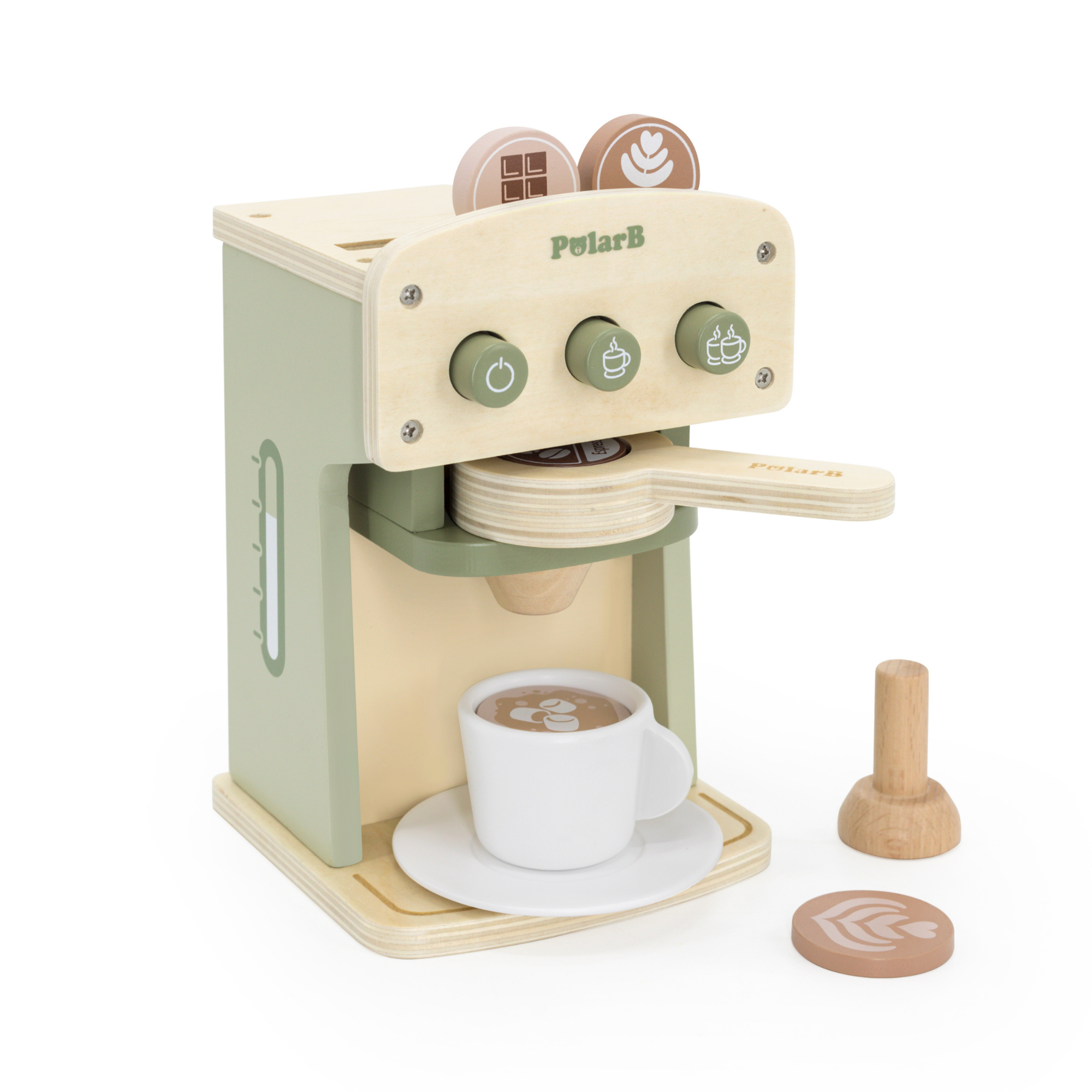 PolarB Wooden Coffee Machine Toy for Kids, Pretend Play Cafe Set with Cup, Saucer, Coffee Pods and Accessories, Role Play Barista Toy for Ages 3 and Up