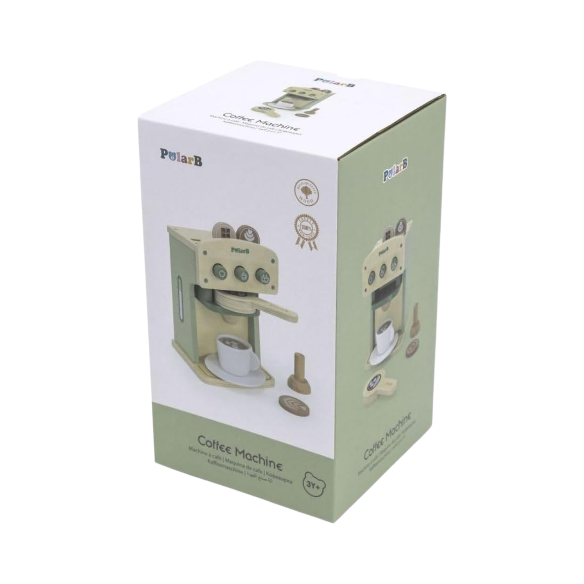 PolarB Wooden Coffee Machine Toy for Kids, Pretend Play Cafe Set with Cup, Saucer, Coffee Pods and Accessories, Role Play Barista Toy for Ages 3 and Up