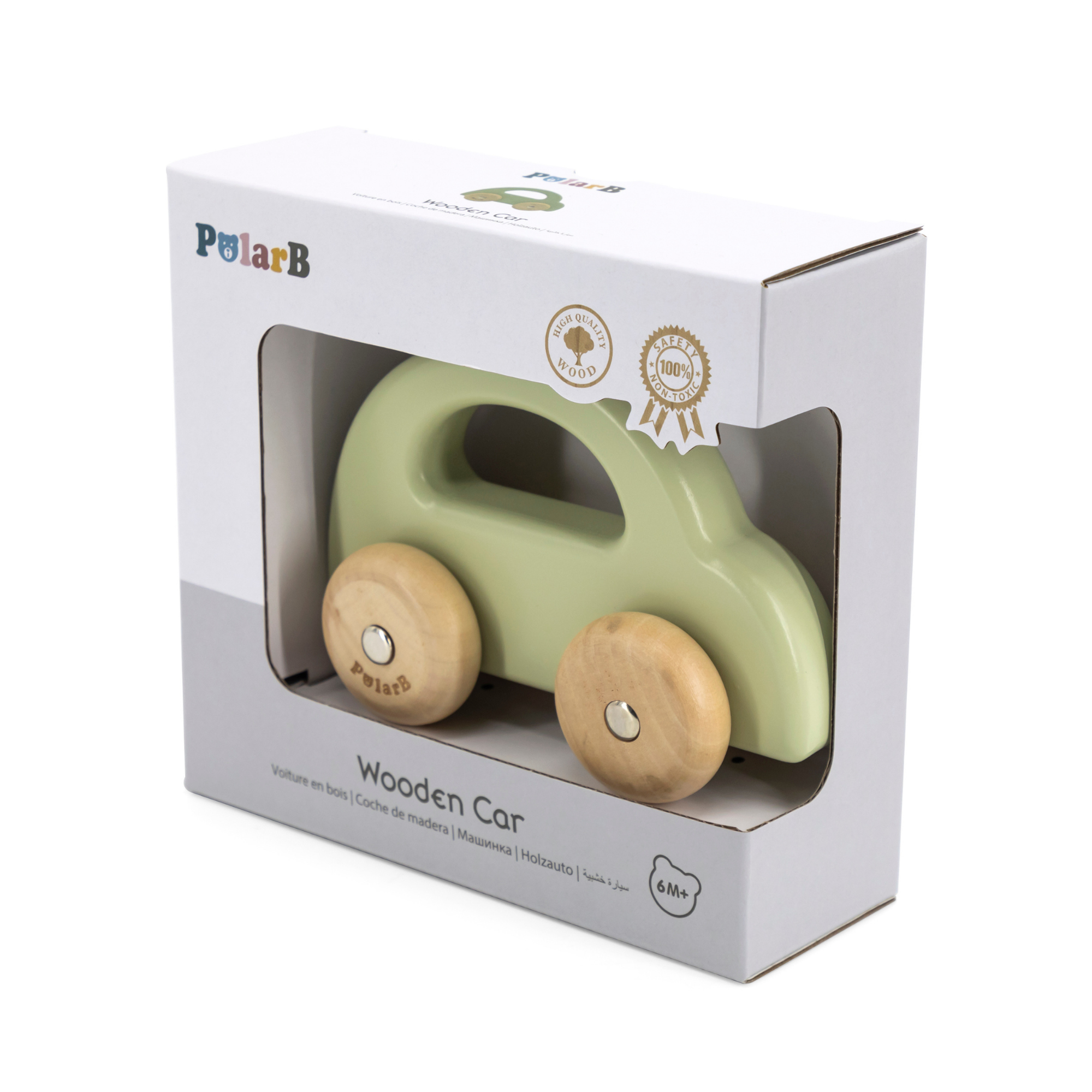 PolarB Wooden Car Push and Pull Toy for Babies, Montessori-Inspired Natural Wood Vehicle with Smooth Wheels, Pastel Tones, Safe for 6 Months and Up, Green