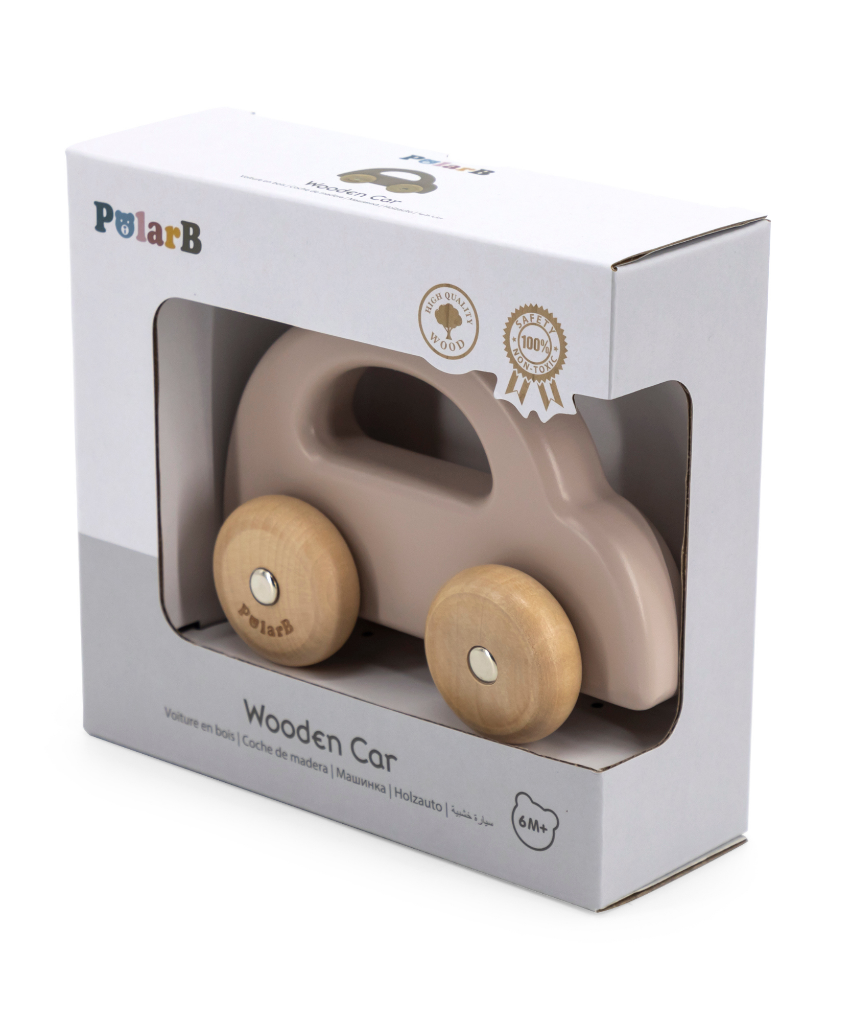 PolarB Wooden Car Push and Pull Toy for Babies, Montessori-Inspired Natural Wood Vehicle with Smooth Wheels, Pastel Tones, Safe for 6 Months and Up, Brown