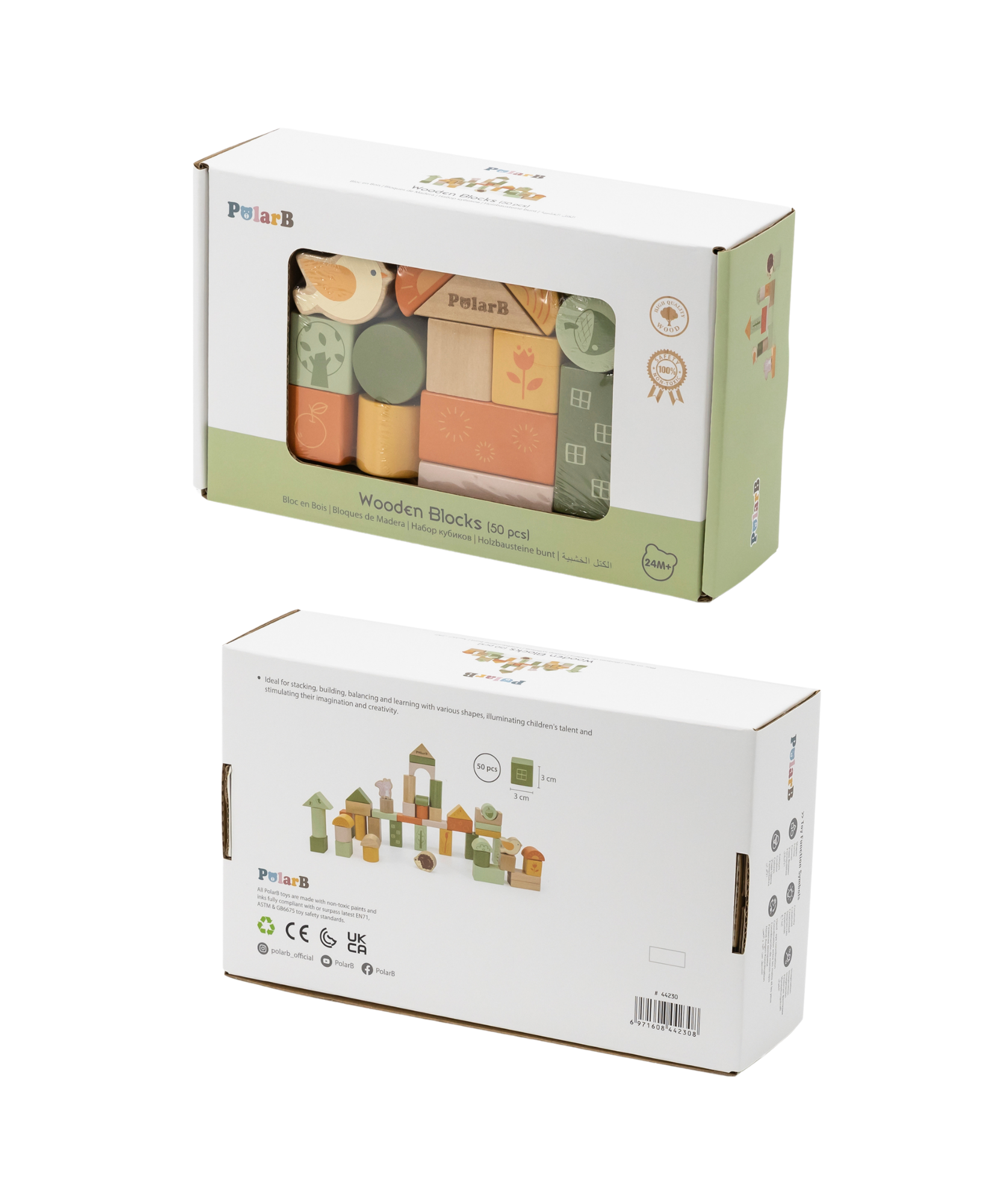 مجموعة مكعبات خشبية من PolarB، 50 قطعة، بتصميم غابة خضراء، لعبة بناء وتكديس صديقة للبيئة للأطفال الصغار، تتضمن حيوانات الغابة وأشكالها، لعبة تعليمية للأطفال من سن 12 شهرًا فما فوق