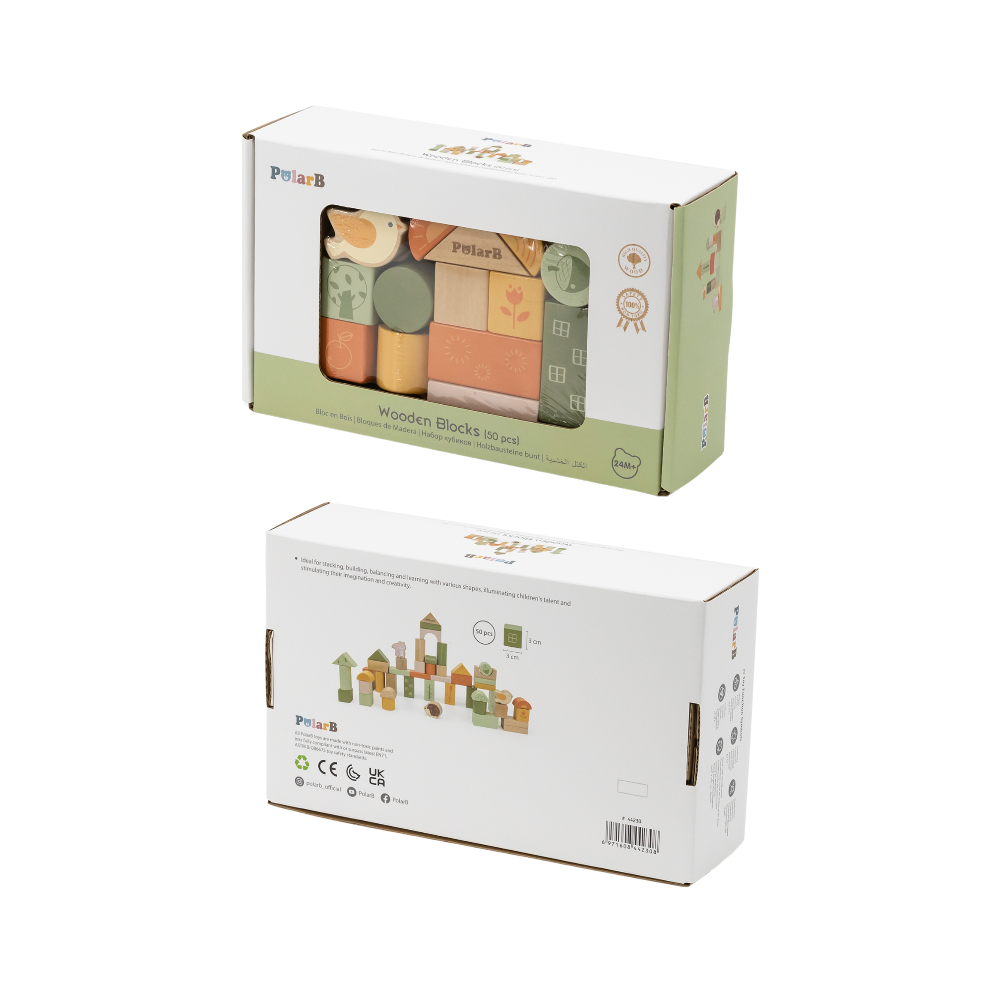 مجموعة مكعبات خشبية من PolarB، 50 قطعة، بتصميم غابة خضراء، لعبة بناء وتكديس صديقة للبيئة للأطفال الصغار، تتضمن حيوانات الغابة وأشكالها، لعبة تعليمية للأطفال من سن 12 شهرًا فما فوق