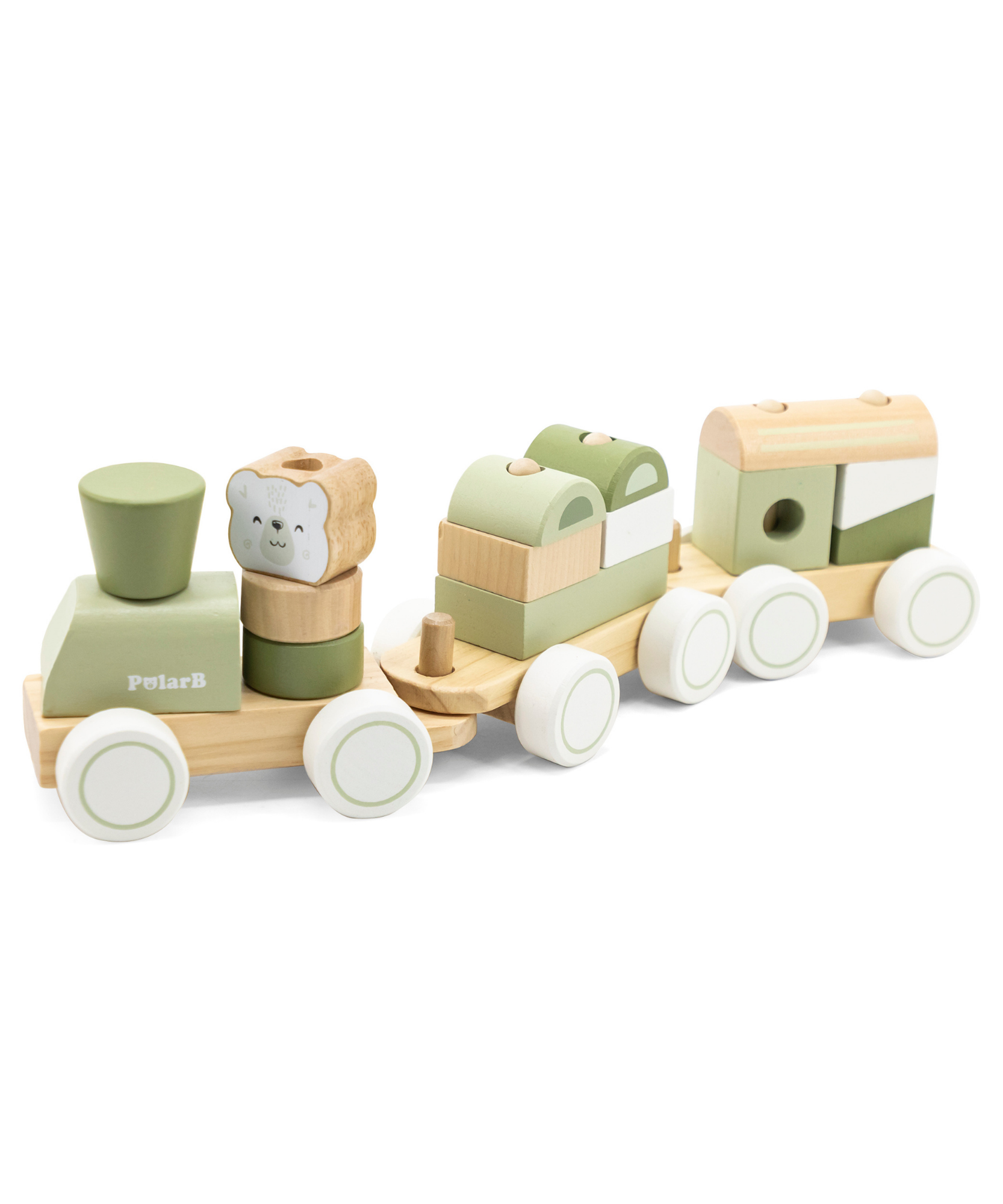PolarB Wooden Stacking Train, Green, 2-in-1 Pull Toy and Shape Sorter, Educational Toy for Toddlers, Promotes Fine Motor Skills and Imaginative Play, Age 18 Months and Up