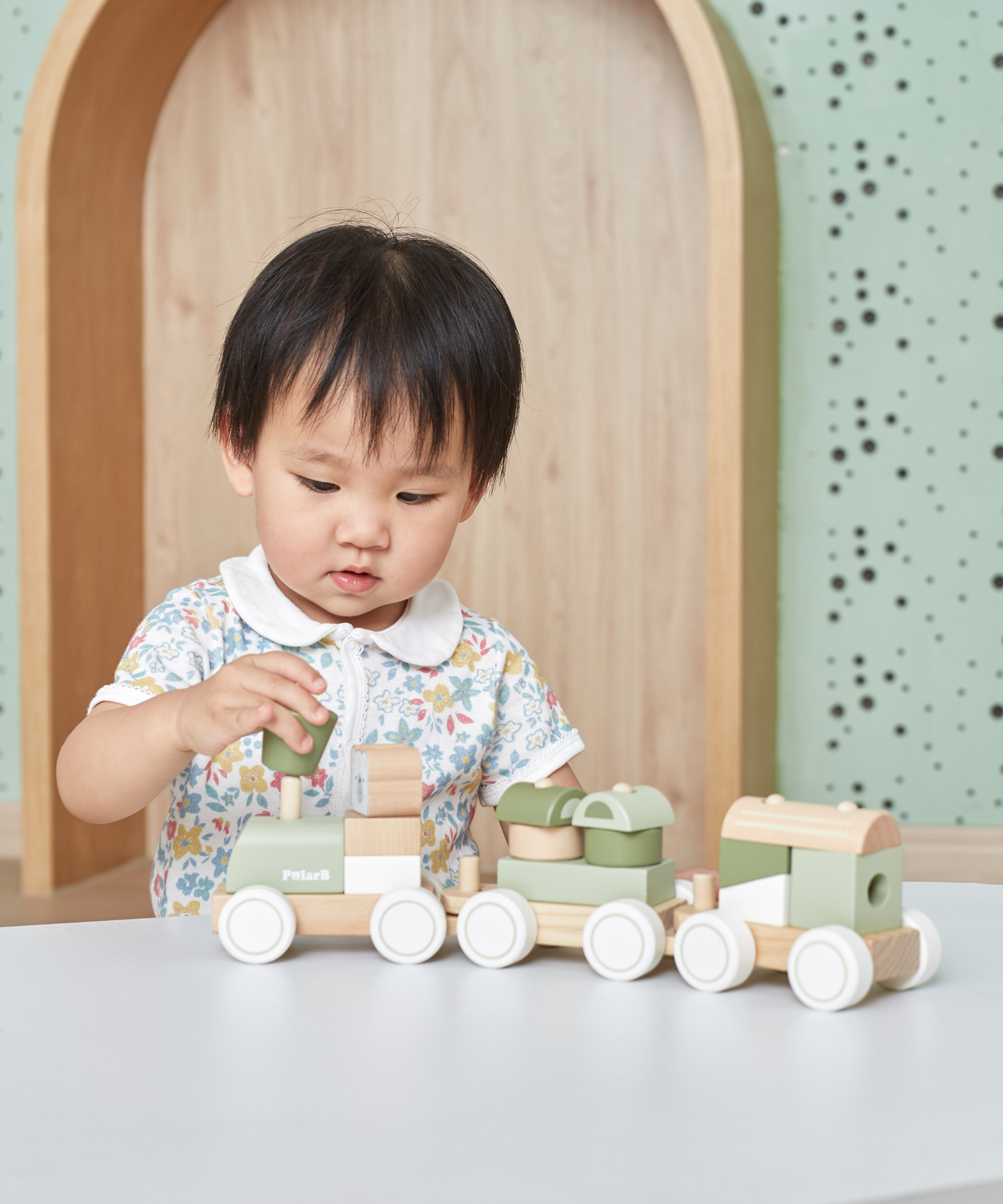 PolarB Wooden Stacking Train, Green, 2-in-1 Pull Toy and Shape Sorter, Educational Toy for Toddlers, Promotes Fine Motor Skills and Imaginative Play, Age 18 Months and Up