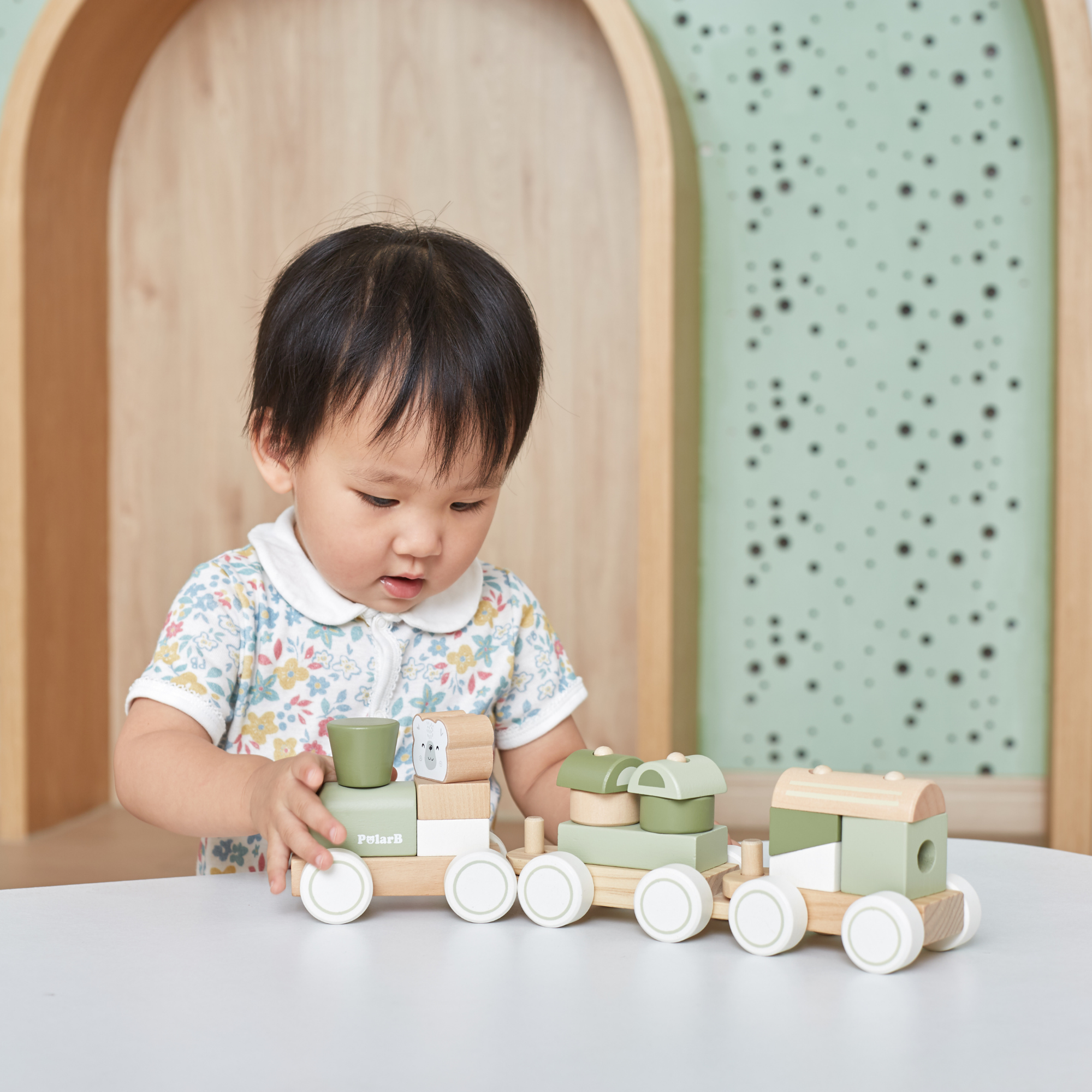 PolarB Wooden Stacking Train, Green, 2-in-1 Pull Toy and Shape Sorter, Educational Toy for Toddlers, Promotes Fine Motor Skills and Imaginative Play, Age 18 Months and Up