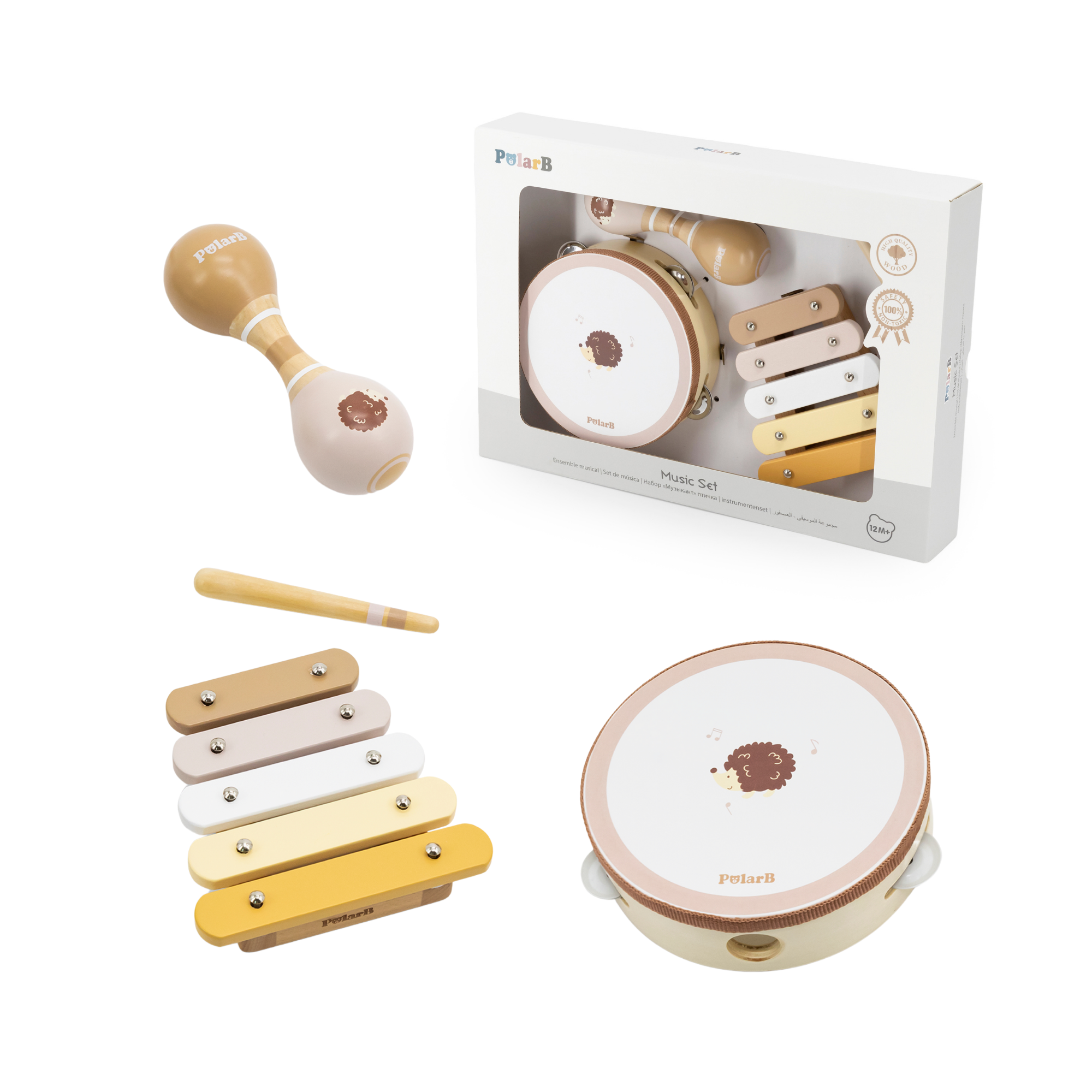 مجموعة موسيقى خشبية على شكل قنفذ من PolarB للأطفال الصغار، تتضمن الدف والماراكاس والإكسيليفون، مجموعة ألعاب الآلات الموسيقية للتعلم المبكر واللعب الإبداعي، من عمر 18 شهرًا فما فوق