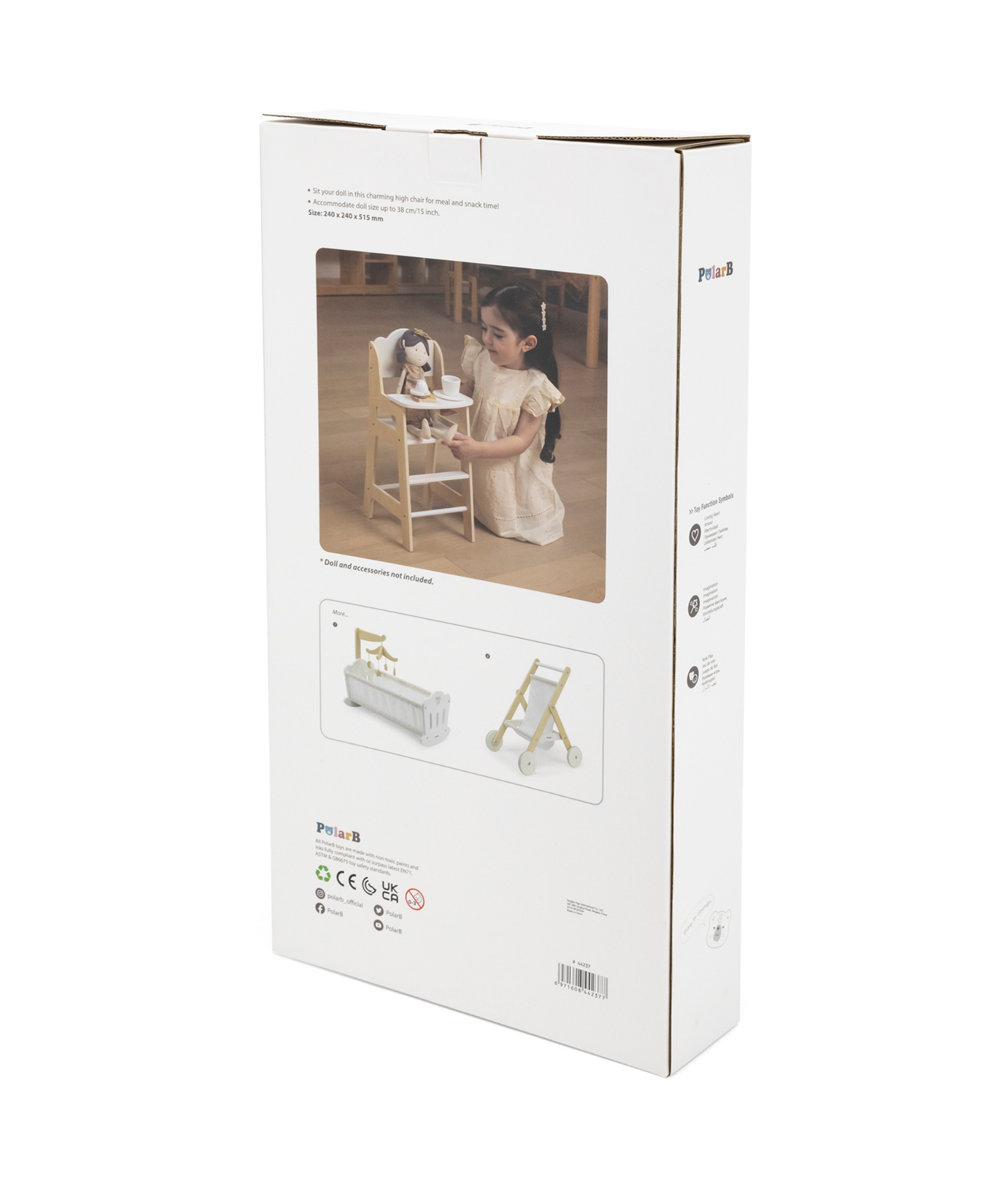 كرسي طعام خشبي للدمى من PolarB، يناسب الدمى التي يصل طولها إلى 38 سم، يشجع على لعب الأدوار والإبداع، لعبة من الخشب الصلب للأعمار من 3 سنوات فما فوق