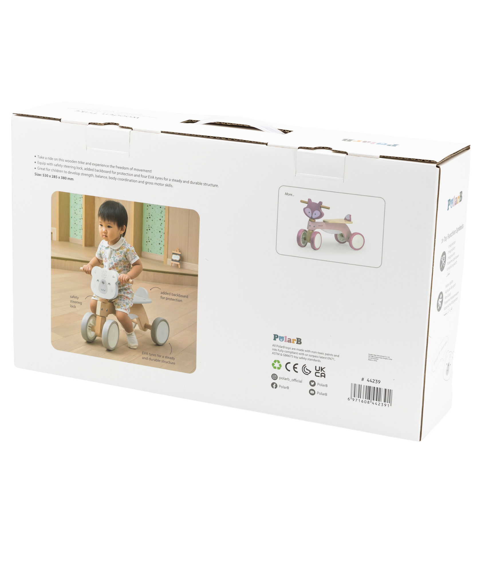 دراجة بولار بي ثلاثية العجلات خشبية للأطفال الصغار، دراجة ثلاثية العجلات خشبية صديقة للبيئة على شكل دب مع قفل توجيه وعجلات من مادة إي في إيه، لعبة ركوب لتنمية المهارات الحركية للأعمار من 12 شهرًا فما فوق