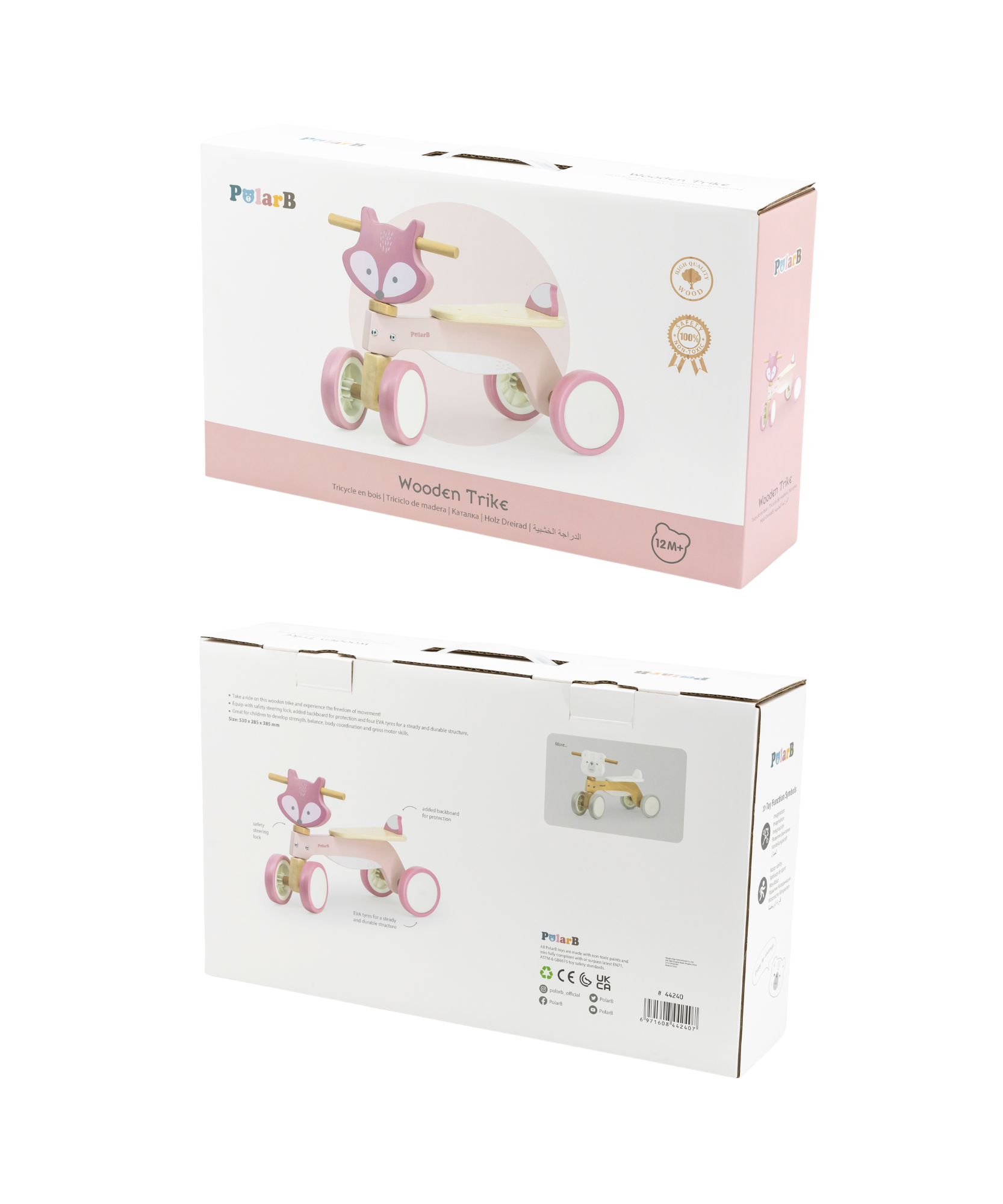 دراجة بولار بي ثلاثية العجلات خشبية للأطفال الصغار مزودة بقفل توجيه آمن وإطارات من مادة إي في إيه - دراجة توازن قابلة للركوب للأطفال من سن 12 شهرًا فما فوق - تُنمّي مهارات التنسيق والمهارات الحركية الكبرى