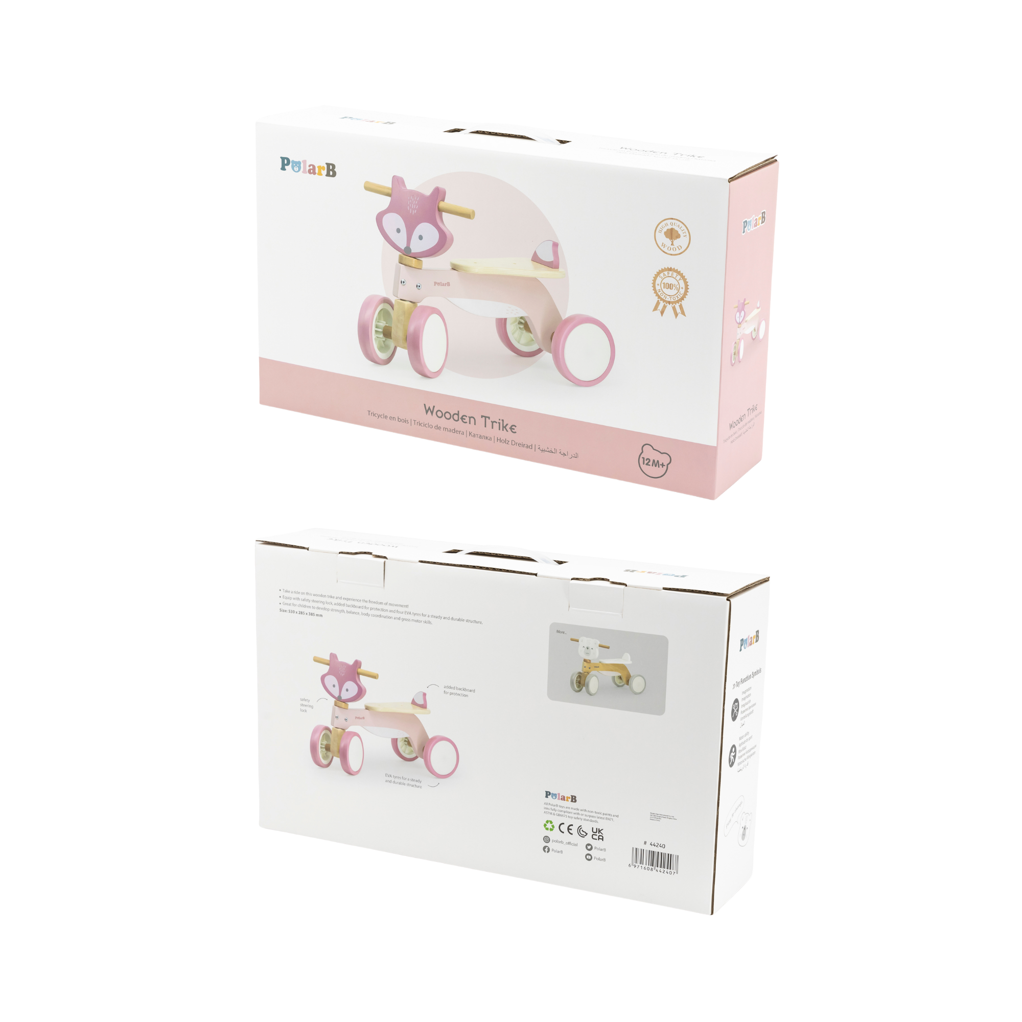 دراجة بولار بي ثلاثية العجلات خشبية للأطفال الصغار مزودة بقفل توجيه آمن وإطارات من مادة إي في إيه - دراجة توازن قابلة للركوب للأطفال من سن 12 شهرًا فما فوق - تُنمّي مهارات التنسيق والمهارات الحركية الكبرى