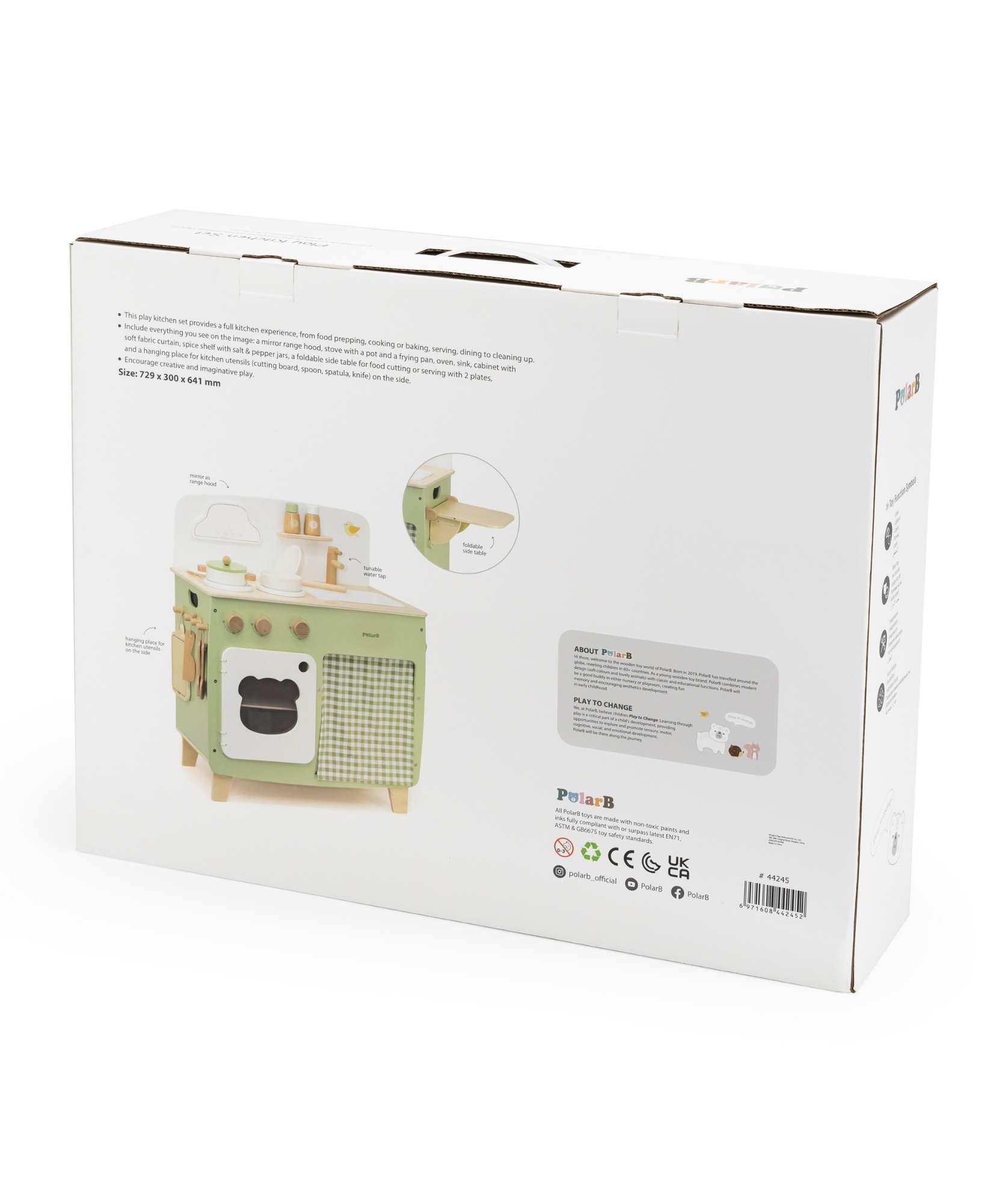 مجموعة مطبخ اللعب الخشبية PolarB للأطفال، لعبة طبخ تظاهرية مع موقد وحوض وفرن وأواني وأواني وطاولة جانبية قابلة للطي، تشجع اللعب الإبداعي والخيالي للأطفال الصغار