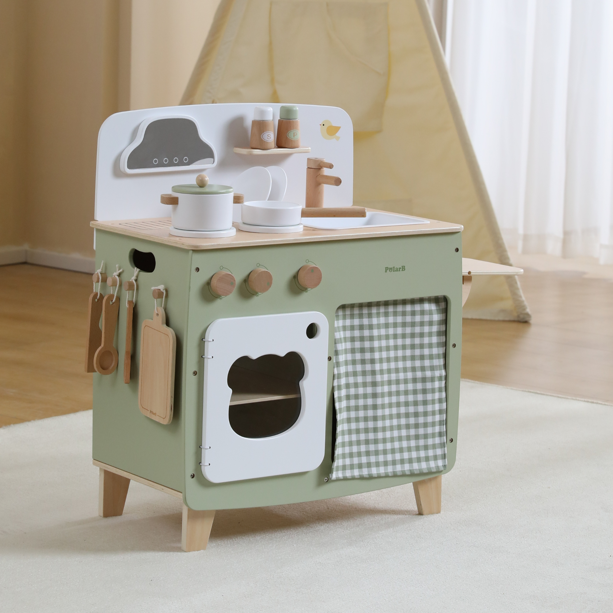 مجموعة مطبخ اللعب الخشبية PolarB للأطفال، لعبة طبخ تظاهرية مع موقد وحوض وفرن وأواني وأواني وطاولة جانبية قابلة للطي، تشجع اللعب الإبداعي والخيالي للأطفال الصغار