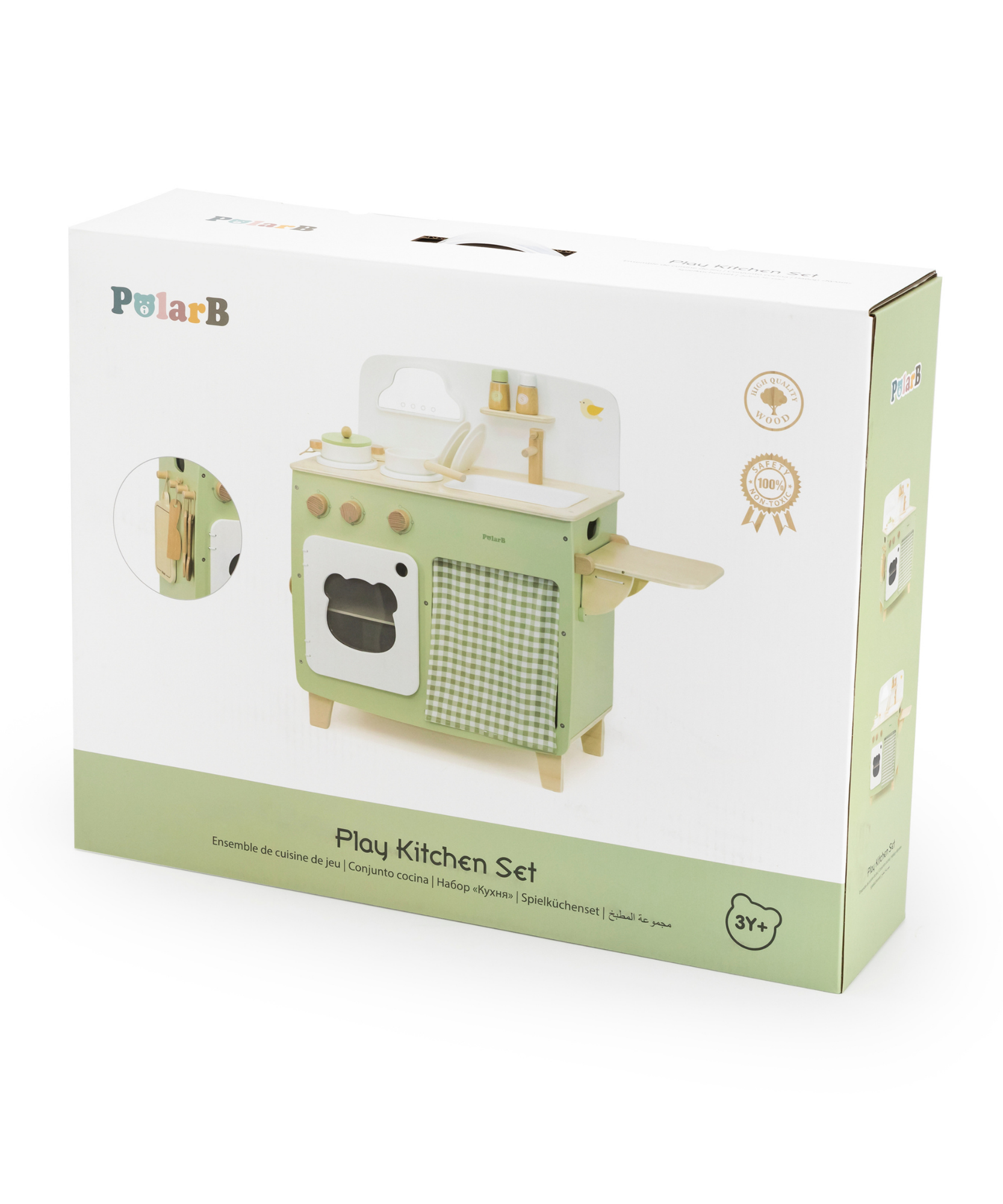 مجموعة مطبخ اللعب الخشبية PolarB للأطفال، لعبة طبخ تظاهرية مع موقد وحوض وفرن وأواني وأواني وطاولة جانبية قابلة للطي، تشجع اللعب الإبداعي والخيالي للأطفال الصغار