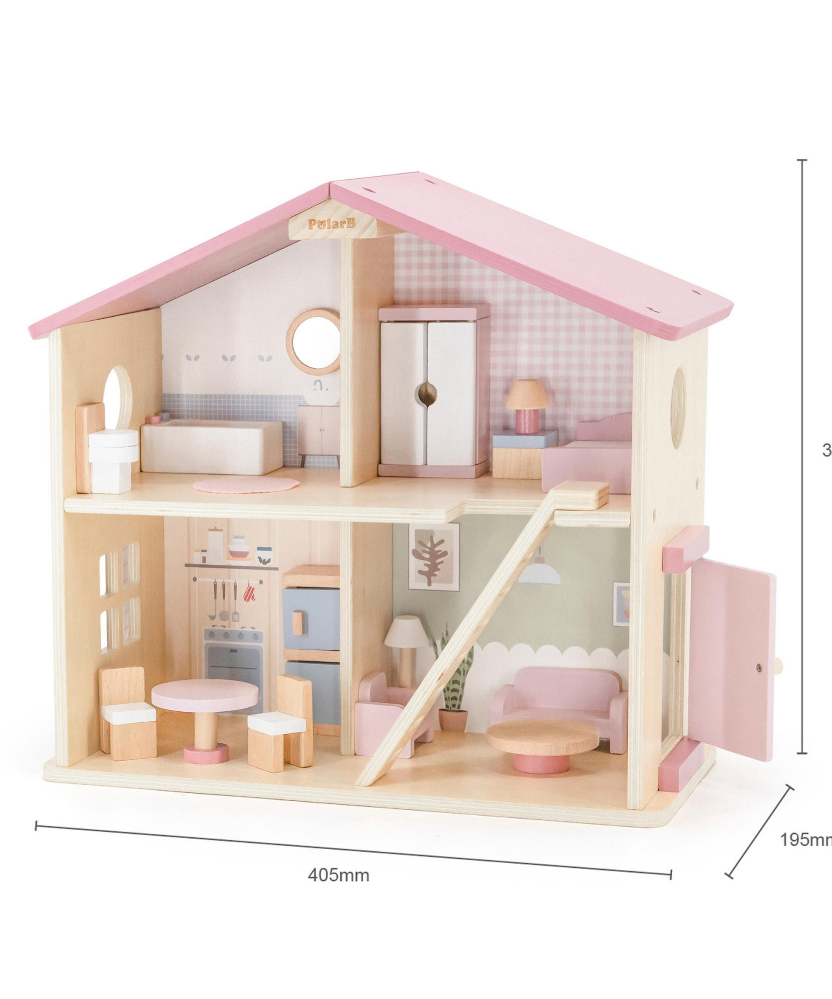 بيت الدمى الخشبي PolarB، بيت لعب من طابقين مع 16 قطعة أثاث، مجموعة ألعاب تظاهرية بألوان الباستيل للأطفال من سن 3 سنوات فما فوق