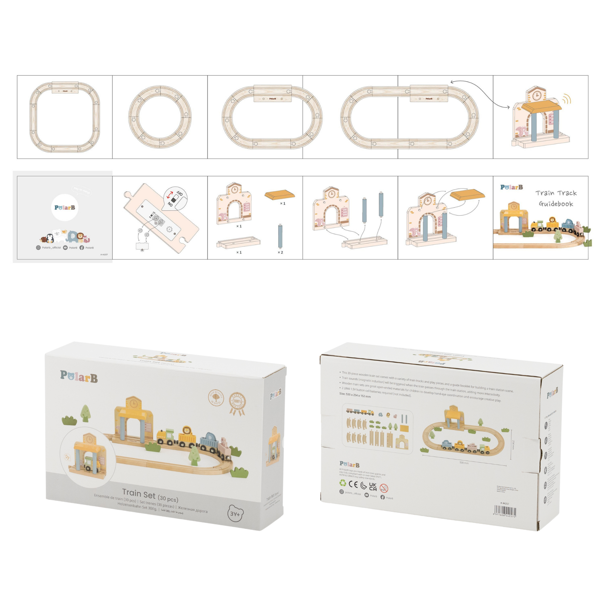 مجموعة قطارات خشبية من PolarB، 30 قطعة مع محطة صوت تفاعلية، ومسارات، وشخصيات حيوانات، وملحقاتها، لعبة تعليمية للأطفال من سن 3 سنوات فما فوق