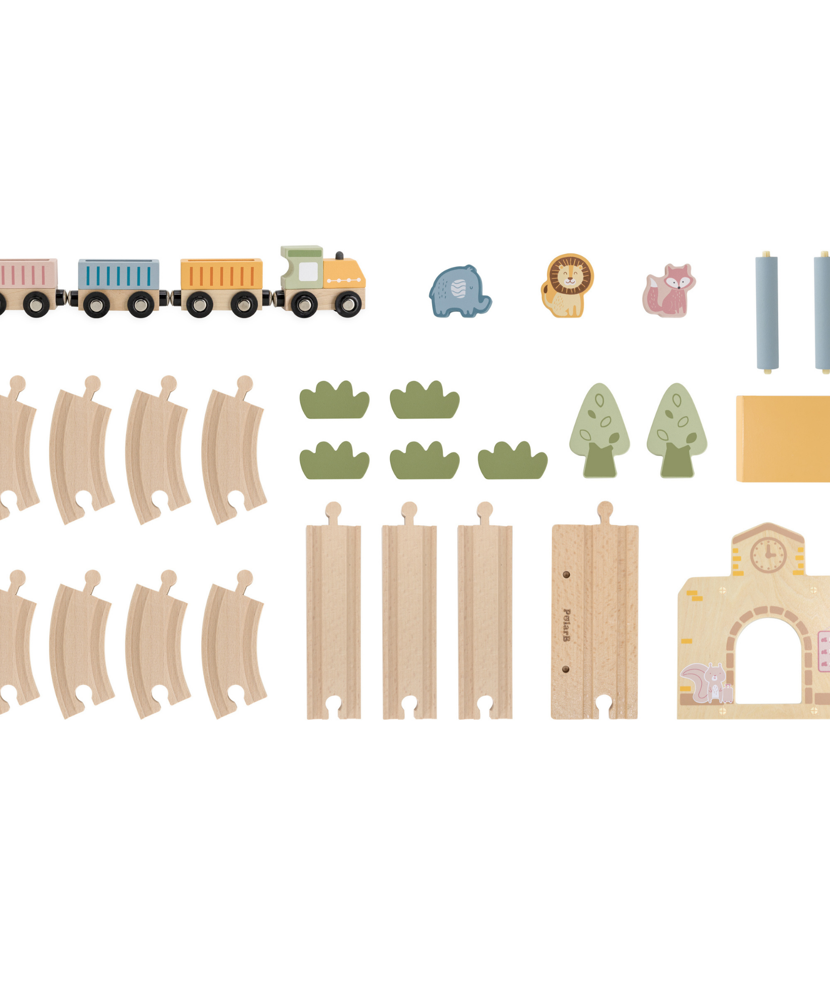 مجموعة قطارات خشبية من PolarB، 30 قطعة مع محطة صوت تفاعلية، ومسارات، وشخصيات حيوانات، وملحقاتها، لعبة تعليمية للأطفال من سن 3 سنوات فما فوق