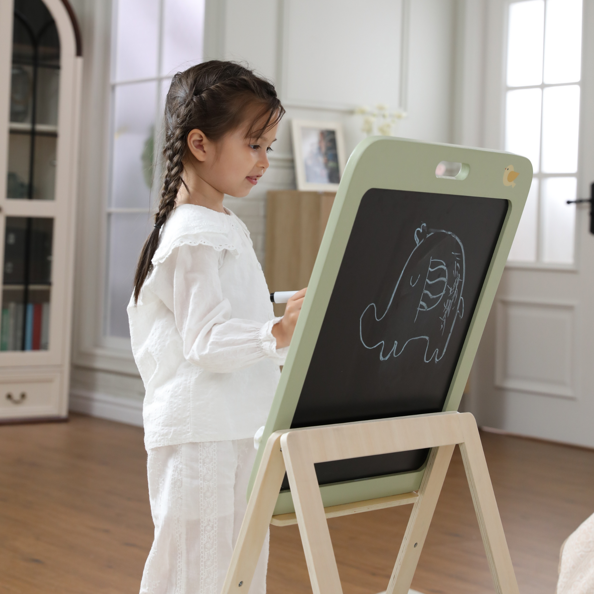 حامل رسم خشبي قائم من PolarB مع ألواح مغناطيسية، حامل فني مزدوج الجوانب قابل لتعديل الارتفاع للأطفال مع ملحقات، بتصميم حيوانات، مناسب للأعمار من 3 سنوات فما فوق