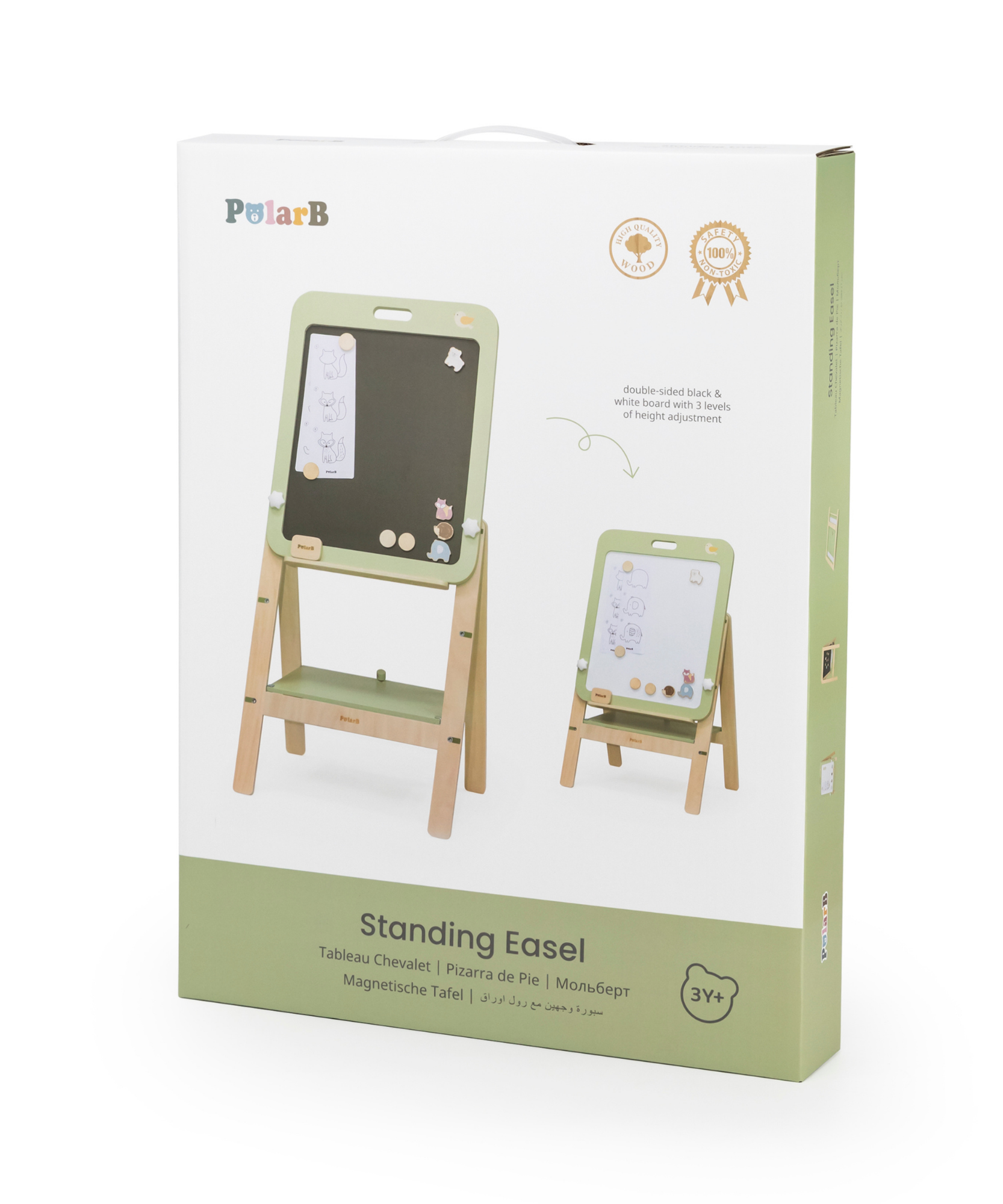 حامل رسم خشبي قائم من PolarB مع ألواح مغناطيسية، حامل فني مزدوج الجوانب قابل لتعديل الارتفاع للأطفال مع ملحقات، بتصميم حيوانات، مناسب للأعمار من 3 سنوات فما فوق