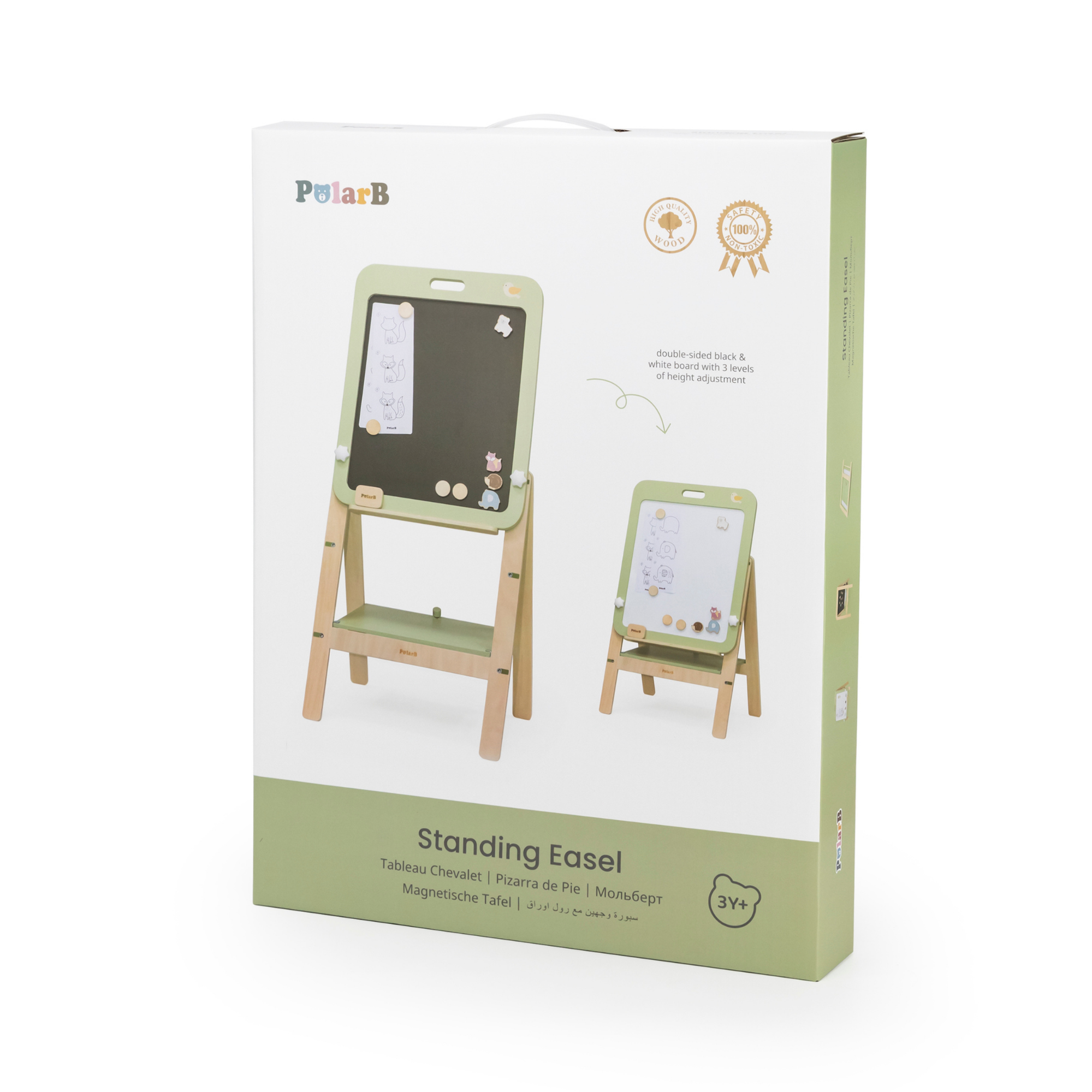 حامل رسم خشبي قائم من PolarB مع ألواح مغناطيسية، حامل فني مزدوج الجوانب قابل لتعديل الارتفاع للأطفال مع ملحقات، بتصميم حيوانات، مناسب للأعمار من 3 سنوات فما فوق
