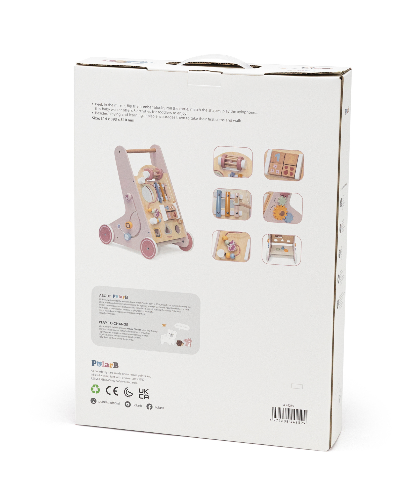 مشاية أطفال خشبية من PolarB مع مركز أنشطة، مساعدة مشي متعددة الوظائف مع مصنف أشكال، إكسيليفون، مرآة وتخزين، تشجع المهارات الحركية والتطور المبكر، للأعمار من 18 شهرًا فما فوق