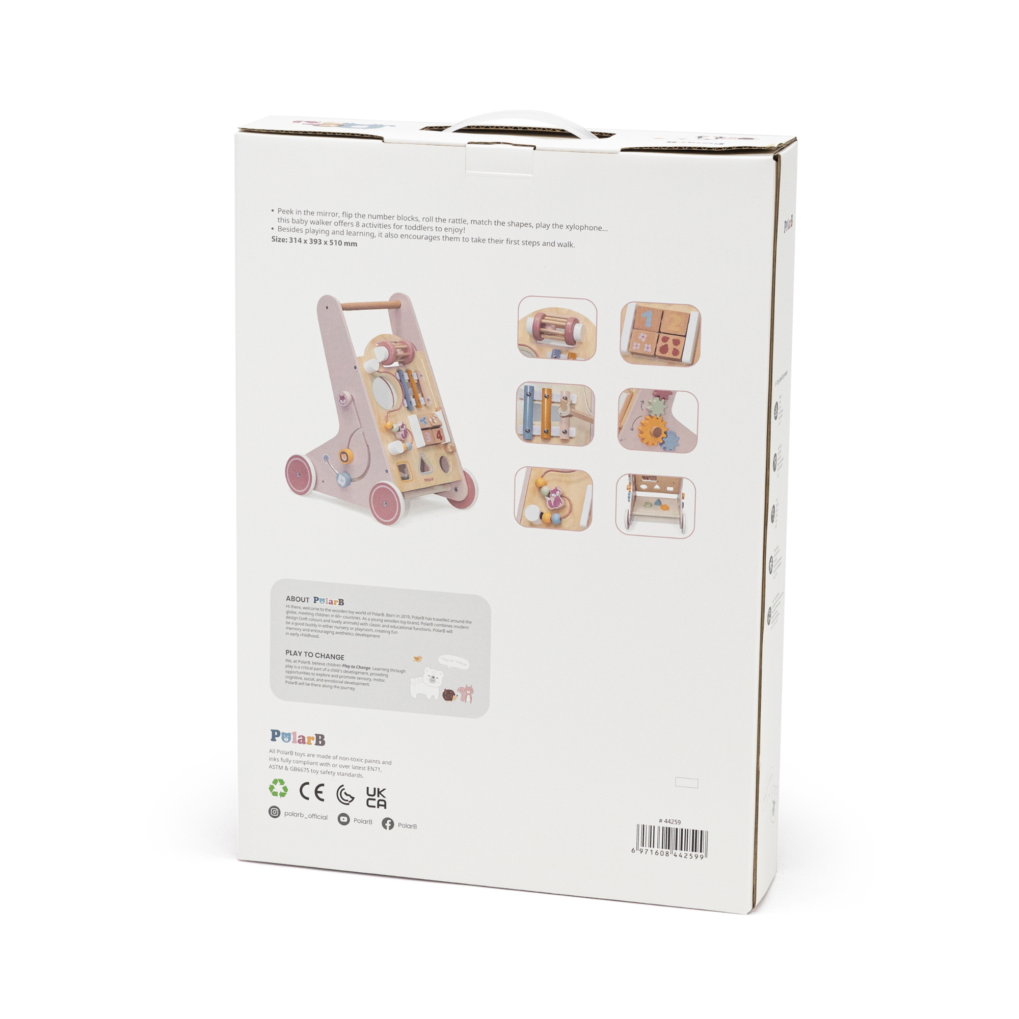 مشاية أطفال خشبية من PolarB مع مركز أنشطة، مساعدة مشي متعددة الوظائف مع مصنف أشكال، إكسيليفون، مرآة وتخزين، تشجع المهارات الحركية والتطور المبكر، للأعمار من 18 شهرًا فما فوق