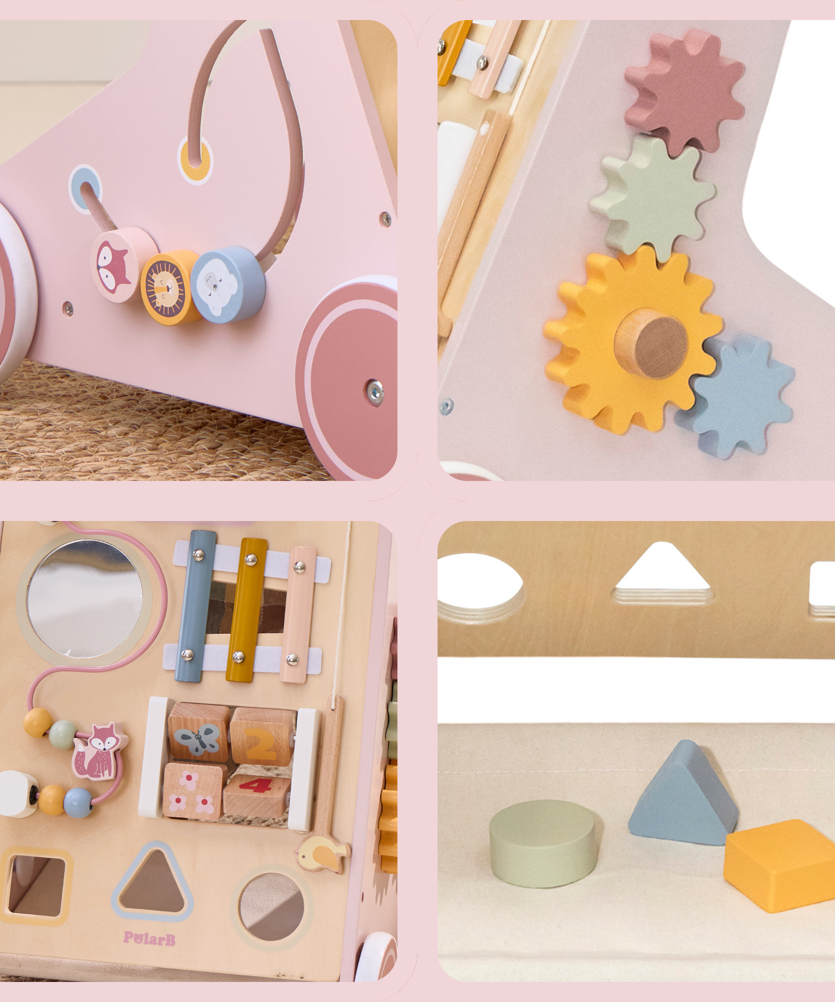 مشاية أطفال خشبية من PolarB مع مركز أنشطة، مساعدة مشي متعددة الوظائف مع مصنف أشكال، إكسيليفون، مرآة وتخزين، تشجع المهارات الحركية والتطور المبكر، للأعمار من 18 شهرًا فما فوق