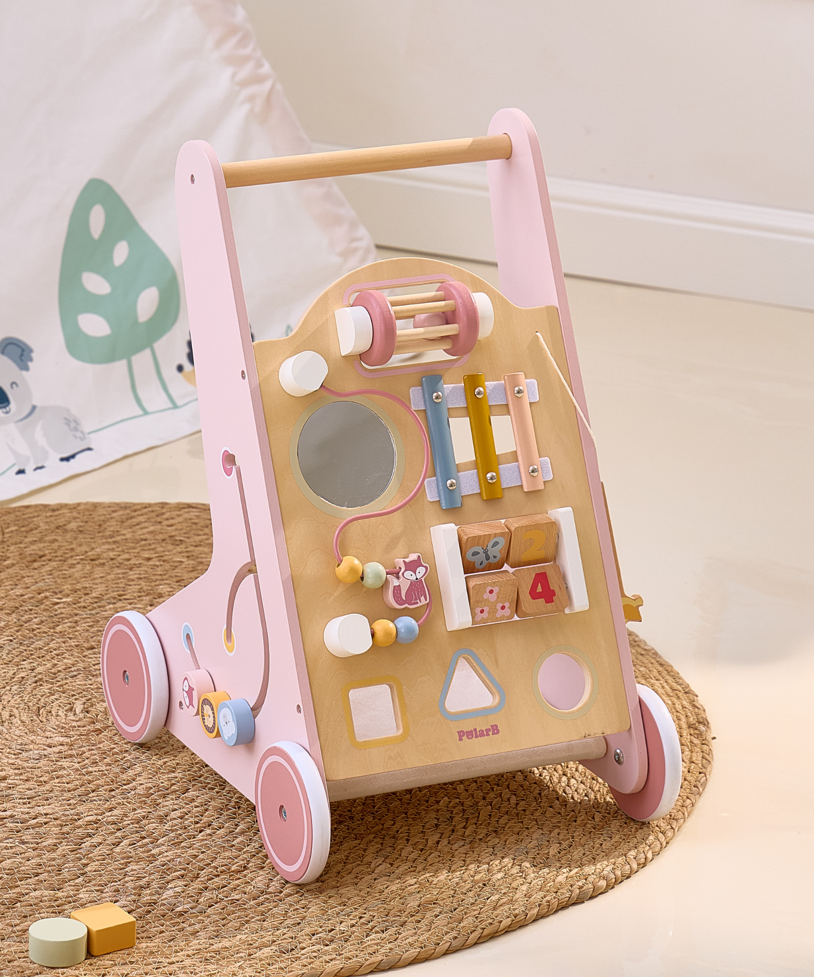 مشاية أطفال خشبية من PolarB مع مركز أنشطة، مساعدة مشي متعددة الوظائف مع مصنف أشكال، إكسيليفون، مرآة وتخزين، تشجع المهارات الحركية والتطور المبكر، للأعمار من 18 شهرًا فما فوق