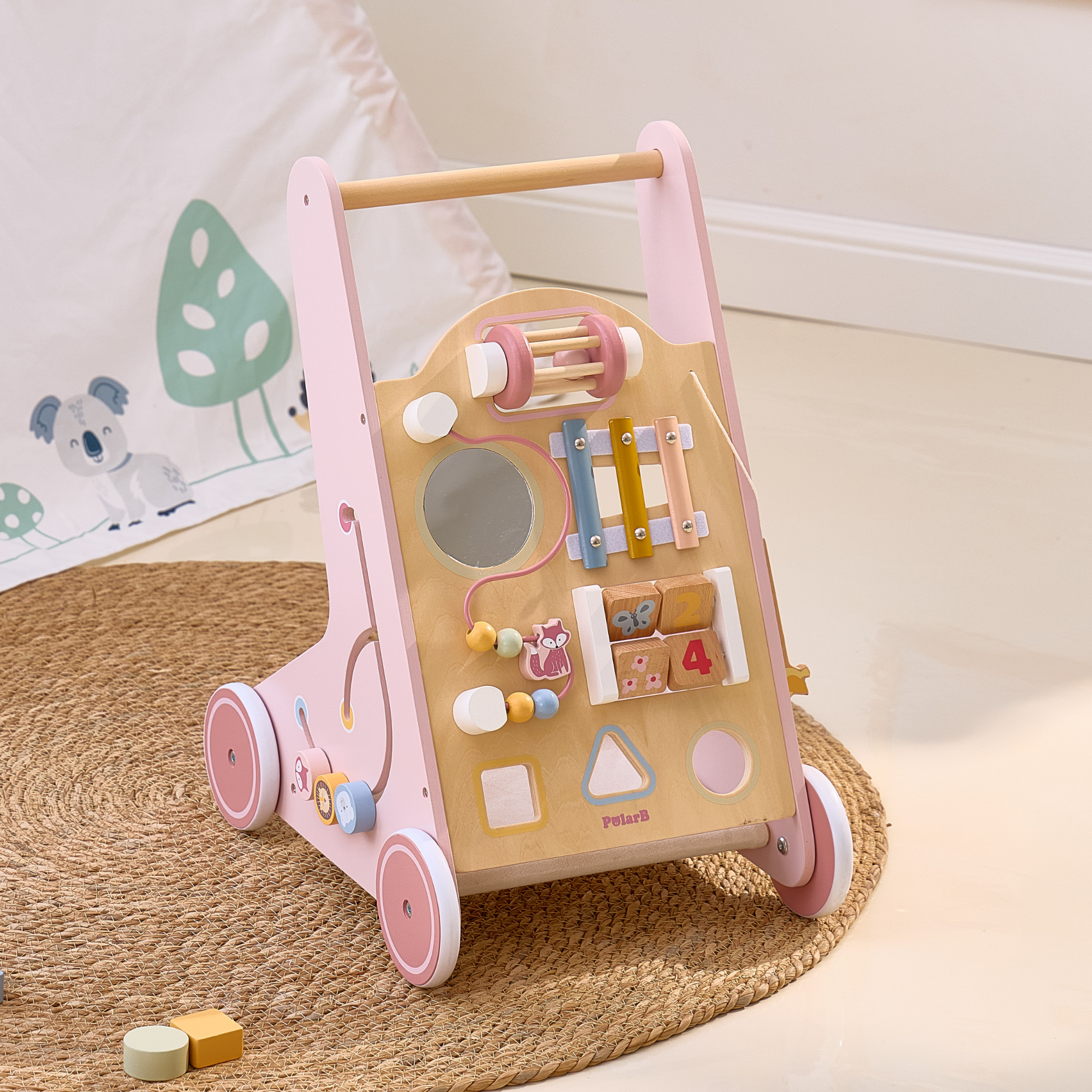 مشاية أطفال خشبية من PolarB مع مركز أنشطة، مساعدة مشي متعددة الوظائف مع مصنف أشكال، إكسيليفون، مرآة وتخزين، تشجع المهارات الحركية والتطور المبكر، للأعمار من 18 شهرًا فما فوق
