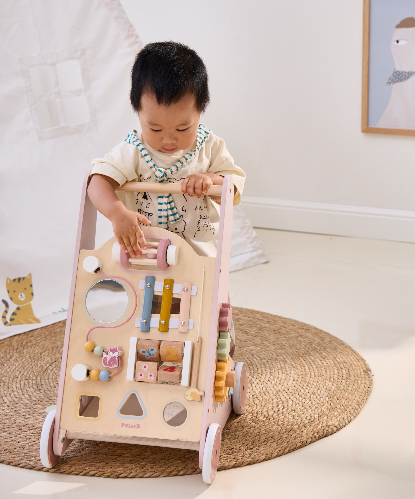 مشاية أطفال خشبية من PolarB مع مركز أنشطة، مساعدة مشي متعددة الوظائف مع مصنف أشكال، إكسيليفون، مرآة وتخزين، تشجع المهارات الحركية والتطور المبكر، للأعمار من 18 شهرًا فما فوق