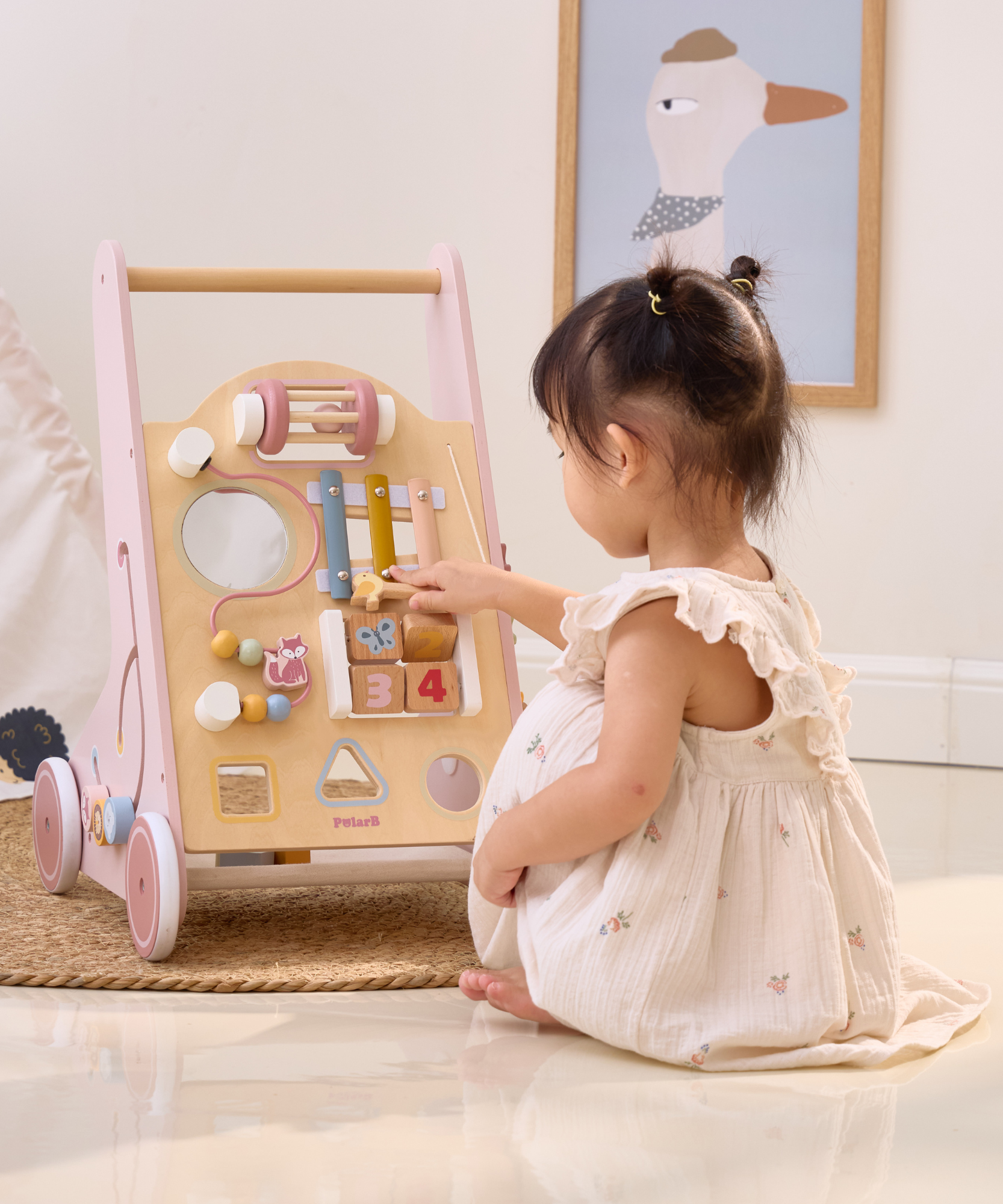 مشاية أطفال خشبية من PolarB مع مركز أنشطة، مساعدة مشي متعددة الوظائف مع مصنف أشكال، إكسيليفون، مرآة وتخزين، تشجع المهارات الحركية والتطور المبكر، للأعمار من 18 شهرًا فما فوق
