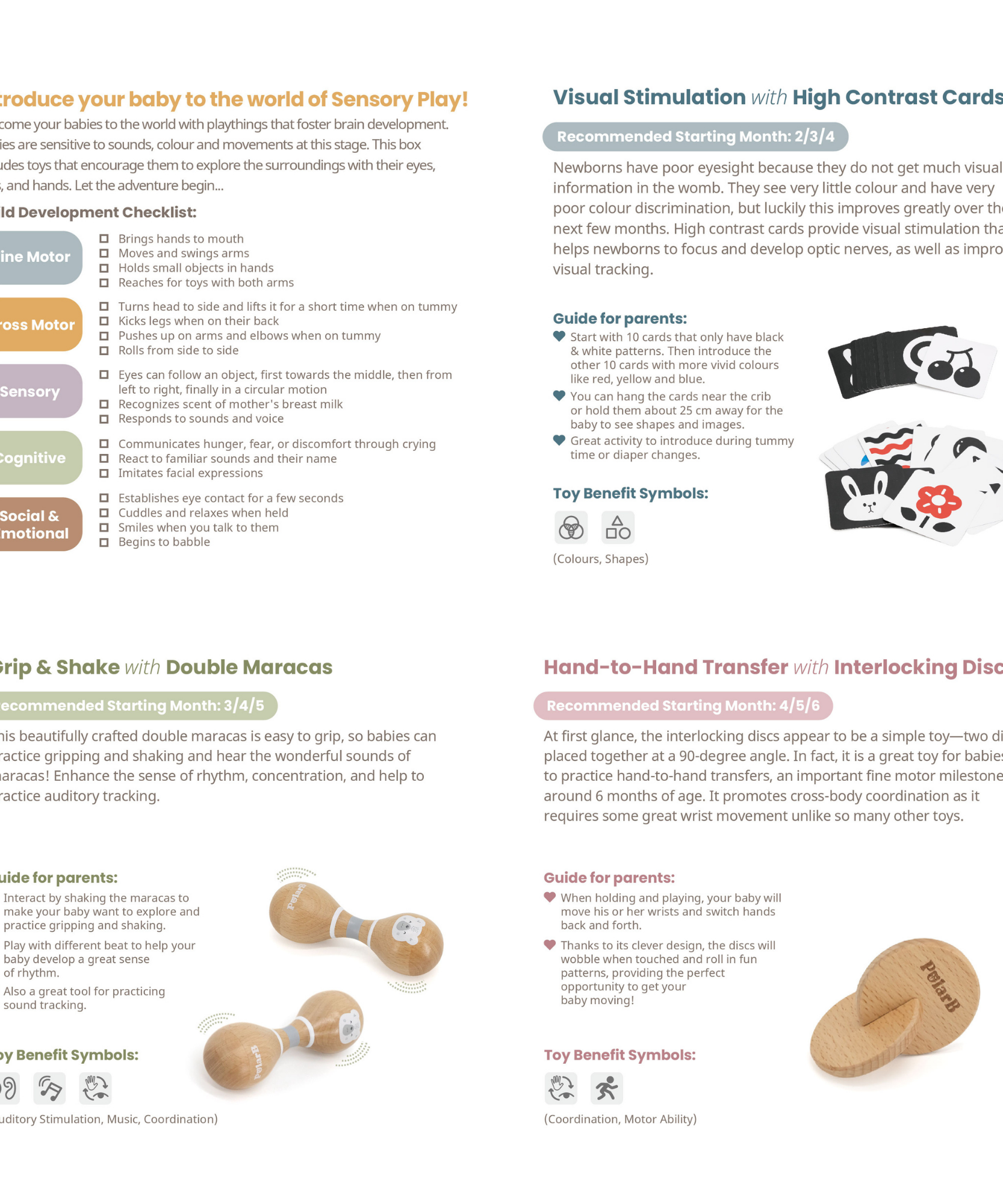 صندوق PolarB FSC Grow-with-Me Sensory Seekers، مجموعة ألعاب حسية مستوحاة من مونتيسوري للأطفال من عمر 0 إلى 6 أشهر، تتضمن بطاقات عالية التباين، ومرآة، وماراكاس، وخشخيشة، وأقراص، وكرات ذات ملمس مميز