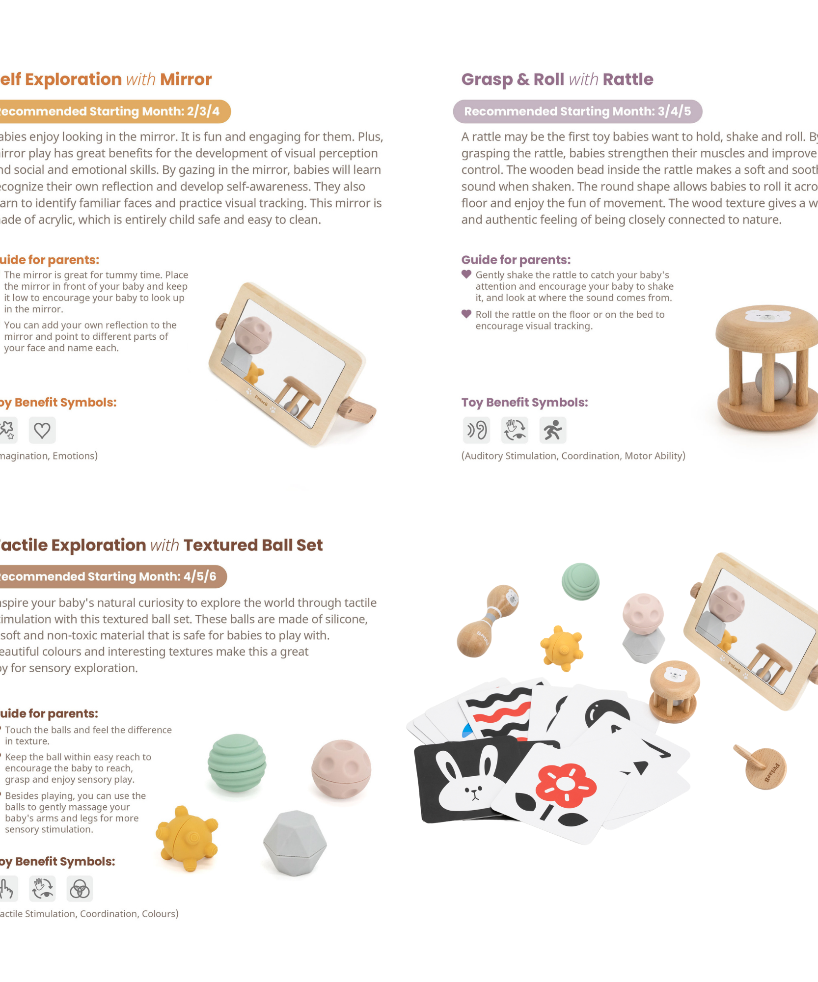 صندوق PolarB FSC Grow-with-Me Sensory Seekers، مجموعة ألعاب حسية مستوحاة من مونتيسوري للأطفال من عمر 0 إلى 6 أشهر، تتضمن بطاقات عالية التباين، ومرآة، وماراكاس، وخشخيشة، وأقراص، وكرات ذات ملمس مميز