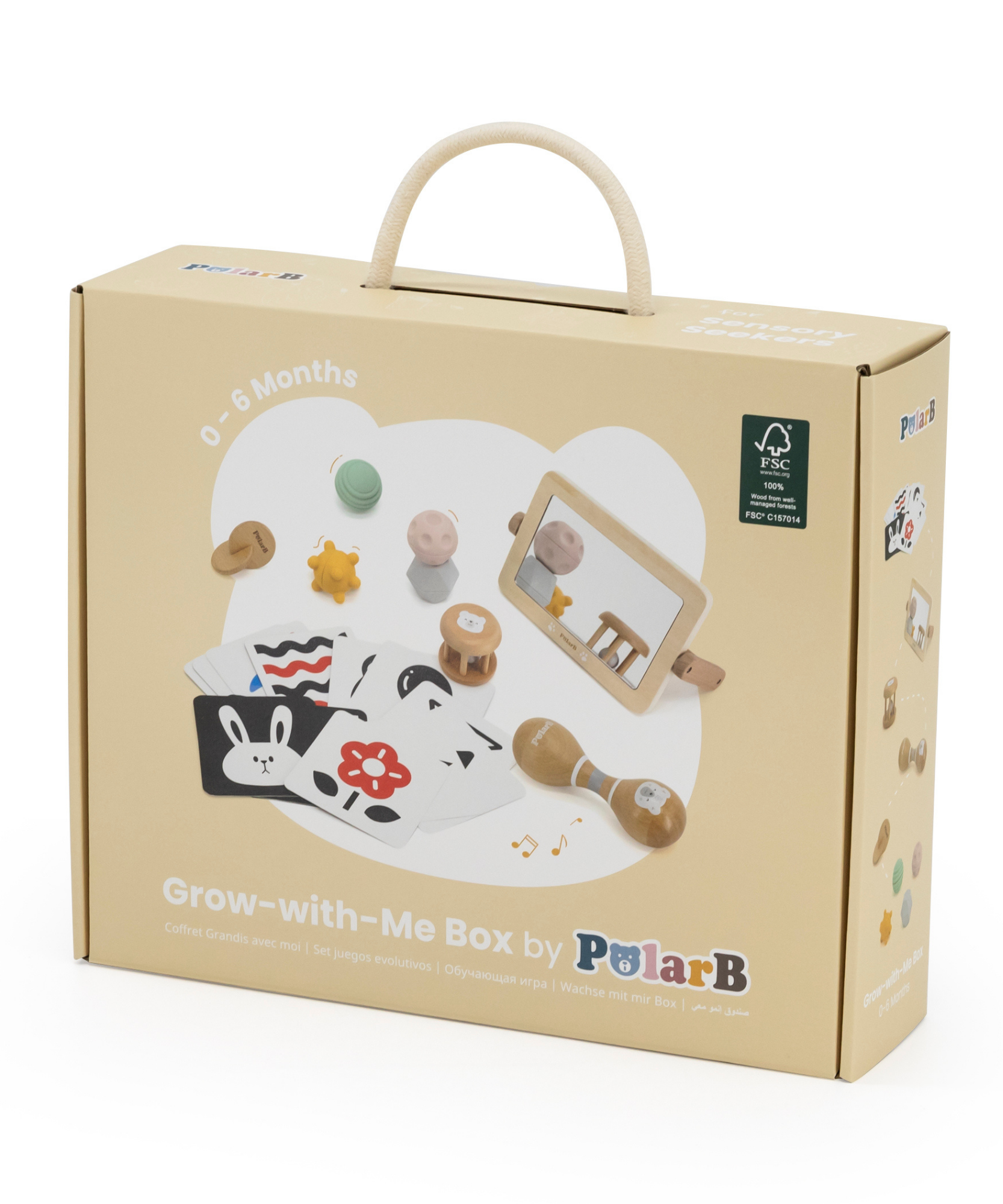صندوق PolarB FSC Grow-with-Me Sensory Seekers، مجموعة ألعاب حسية مستوحاة من مونتيسوري للأطفال من عمر 0 إلى 6 أشهر، تتضمن بطاقات عالية التباين، ومرآة، وماراكاس، وخشخيشة، وأقراص، وكرات ذات ملمس مميز