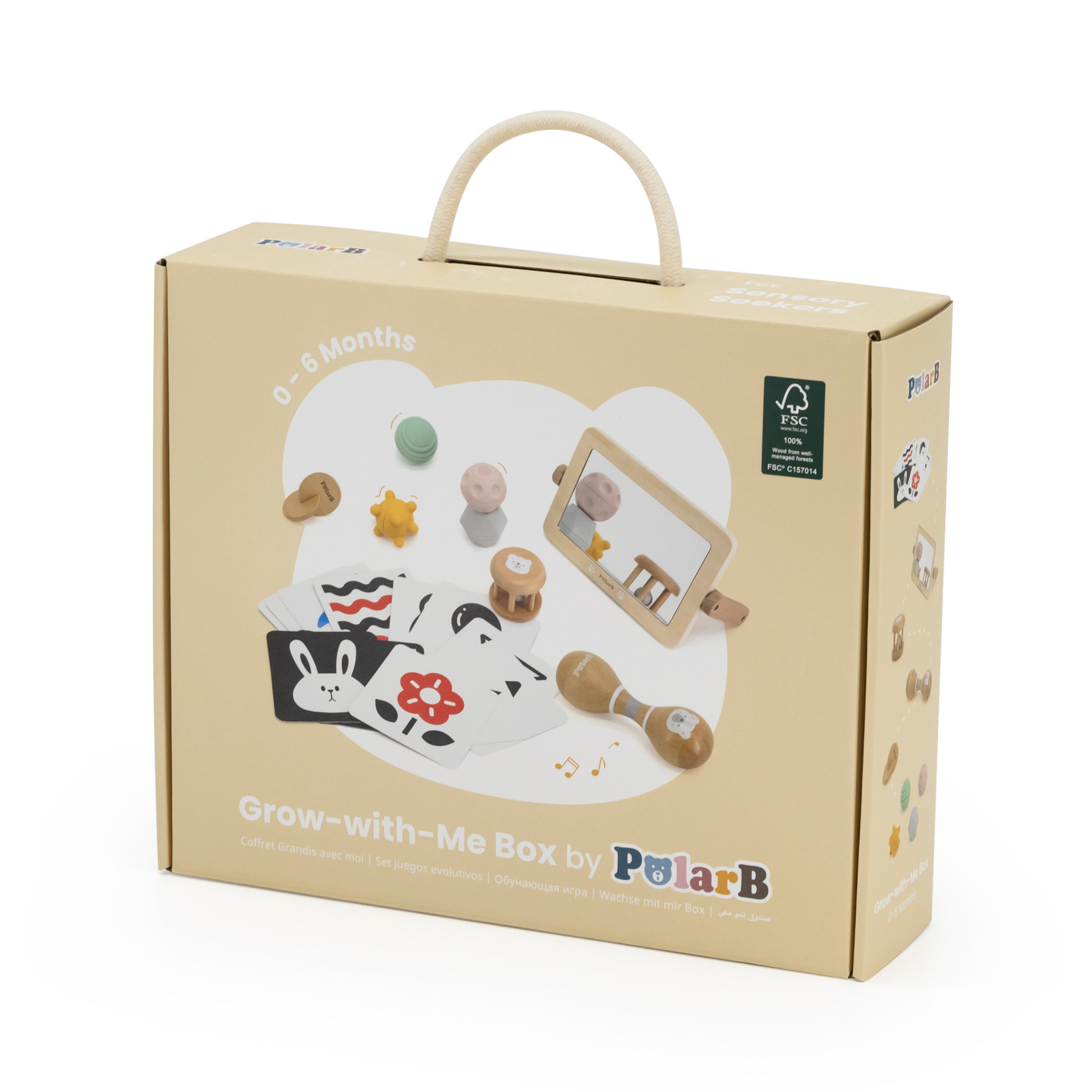 صندوق PolarB FSC Grow-with-Me Sensory Seekers، مجموعة ألعاب حسية مستوحاة من مونتيسوري للأطفال من عمر 0 إلى 6 أشهر، تتضمن بطاقات عالية التباين، ومرآة، وماراكاس، وخشخيشة، وأقراص، وكرات ذات ملمس مميز