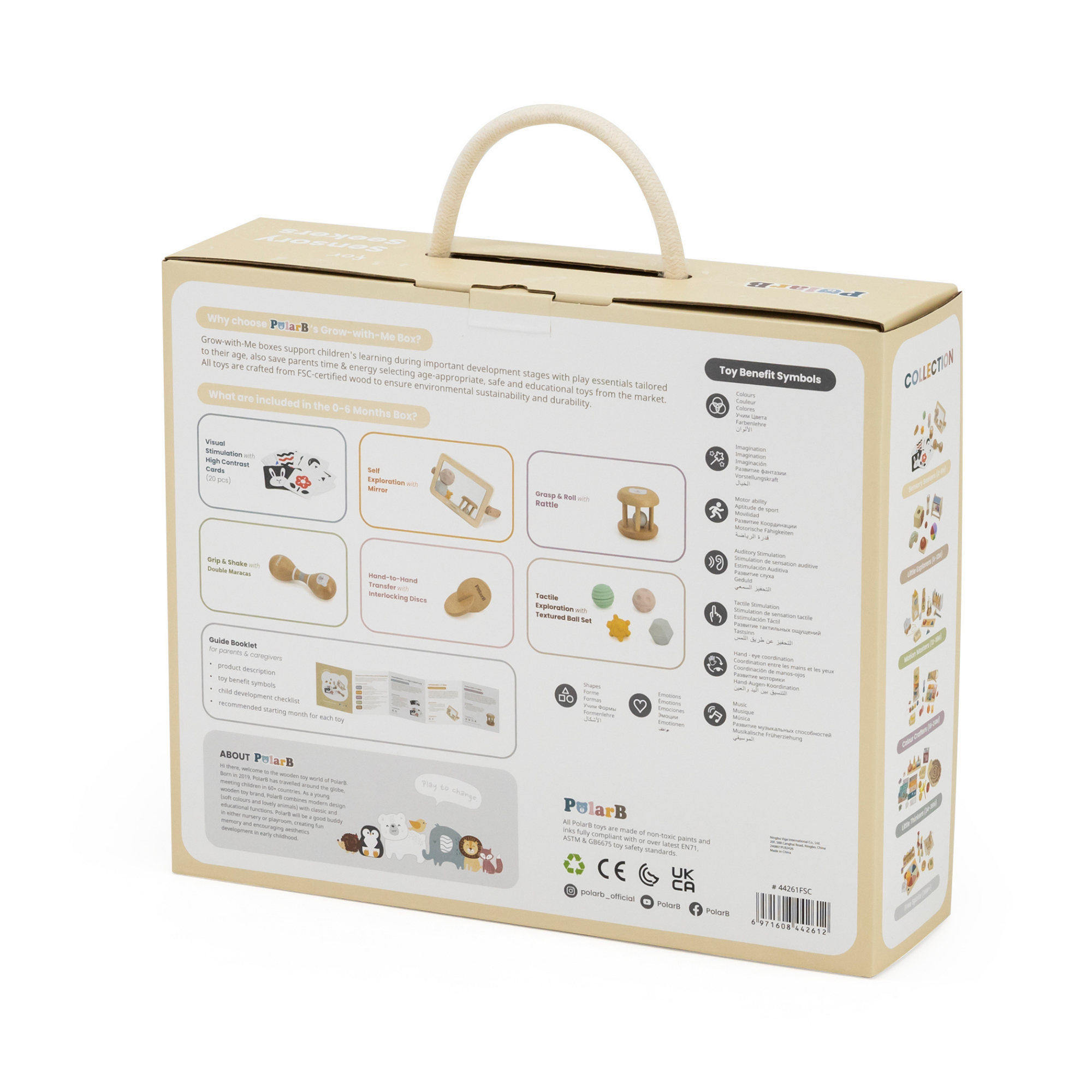 صندوق PolarB FSC Grow-with-Me Sensory Seekers، مجموعة ألعاب حسية مستوحاة من مونتيسوري للأطفال من عمر 0 إلى 6 أشهر، تتضمن بطاقات عالية التباين، ومرآة، وماراكاس، وخشخيشة، وأقراص، وكرات ذات ملمس مميز