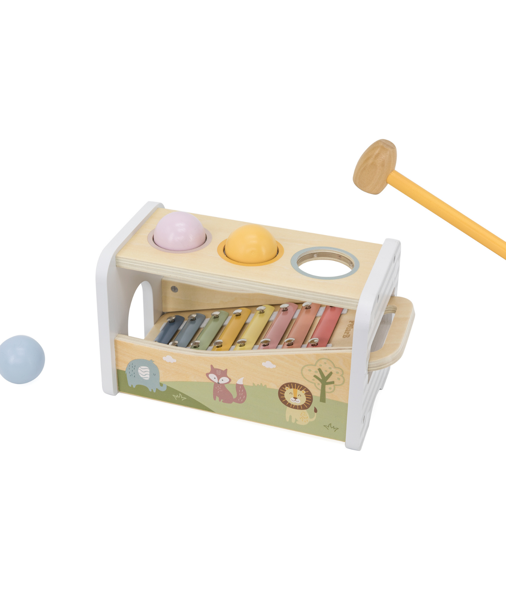 لعبة بولار بي الموسيقية 2 في 1، مقعد خشبي للضرب مع إكسيليفون للأطفال الصغار - لعبة حسية مستوحاة من مونتيسوري، مناسبة للأعمار من 18 شهرًا فما فوق