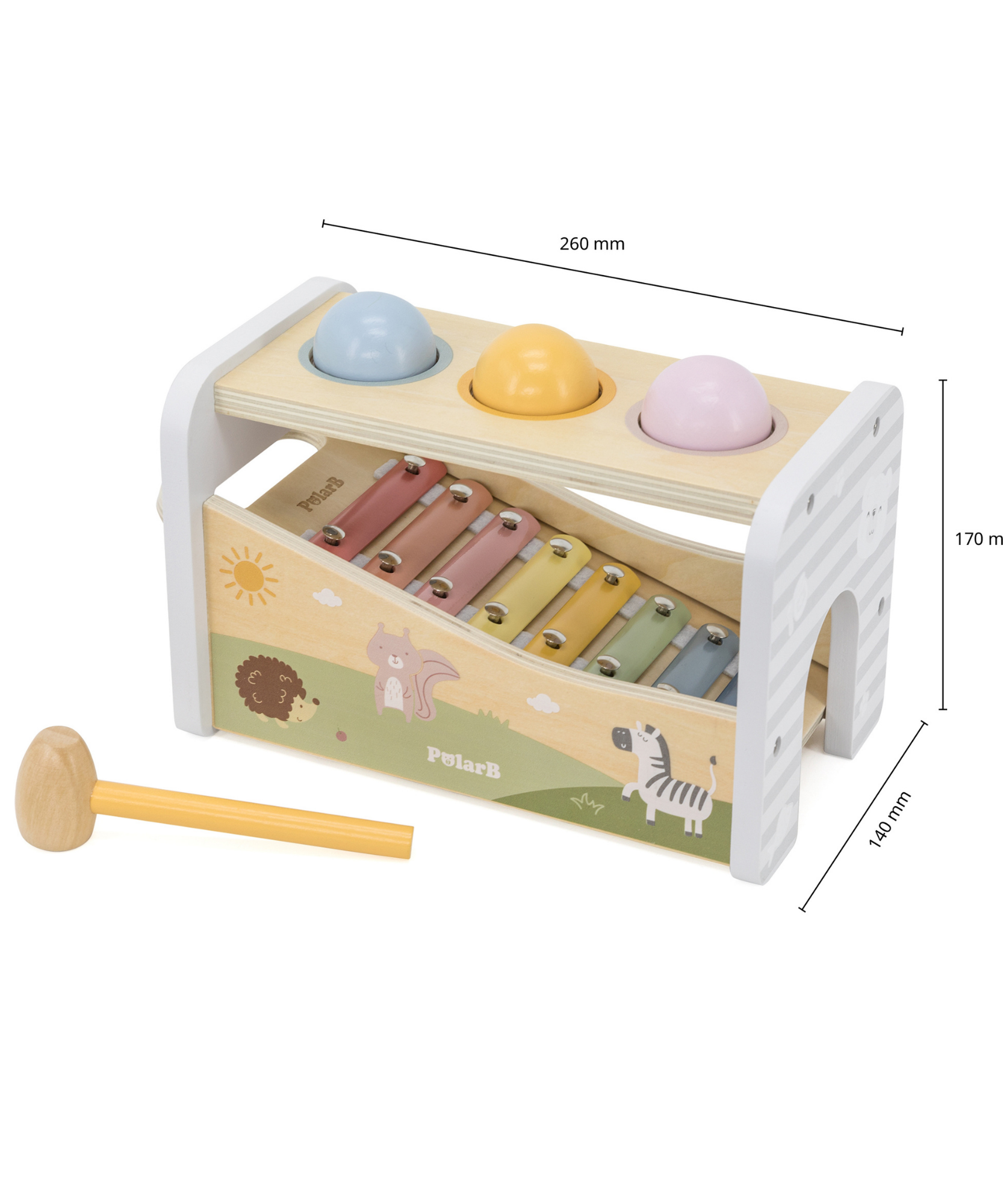 لعبة بولار بي الموسيقية 2 في 1، مقعد خشبي للضرب مع إكسيليفون للأطفال الصغار - لعبة حسية مستوحاة من مونتيسوري، مناسبة للأعمار من 18 شهرًا فما فوق